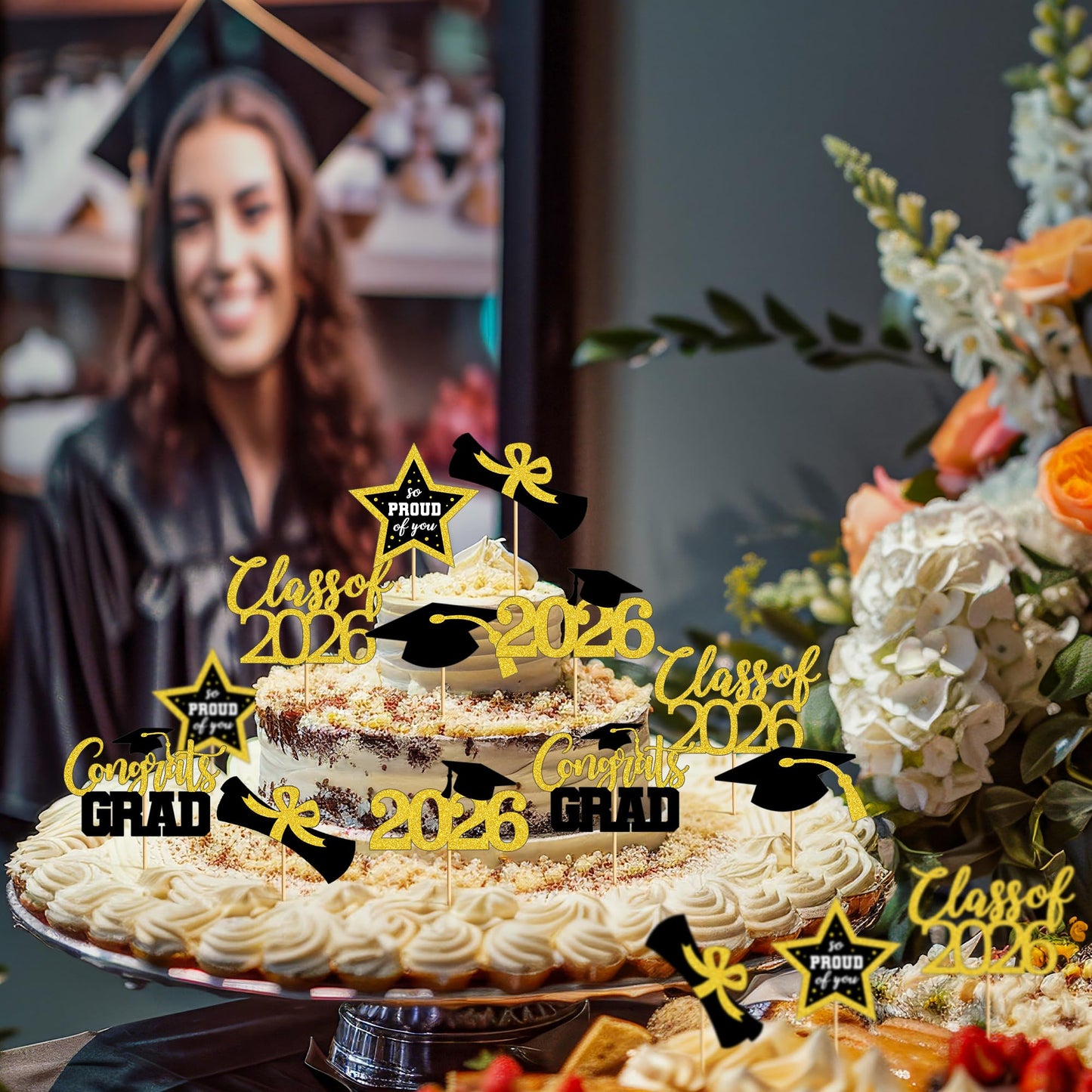 48 PCS Graduation Cupcake Toppers, 6 Styles Congrats Grad Cake Topper, Black and Gold Graduation