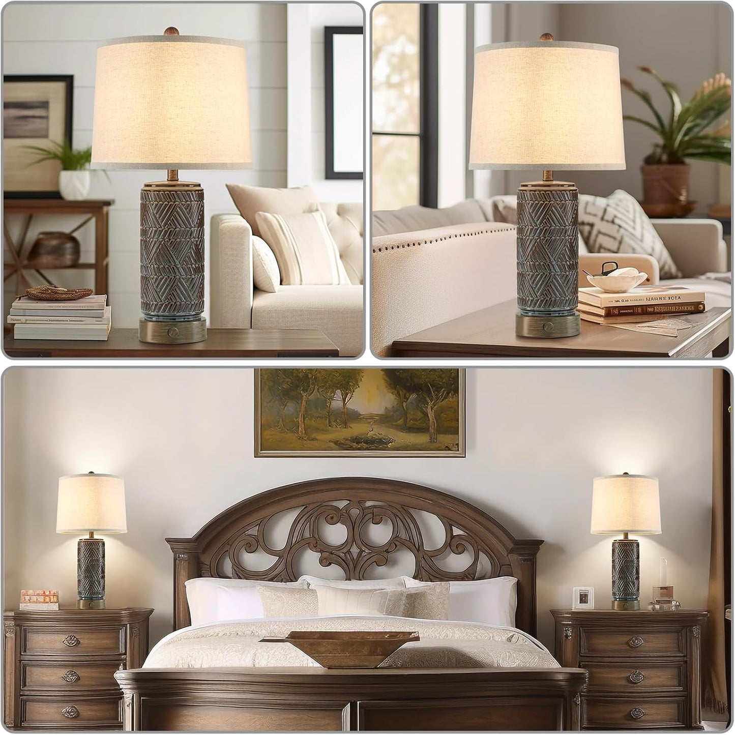 RORIA Set of 2 Farmhouse Table Lamps for Living Room Bedroom, 3 Way Dimmable Touch Nightstand Lamp with 2 USB Port, Rustic Vintage Bronze Ceramic Lamps for End Table Bedside, Bulbs Included