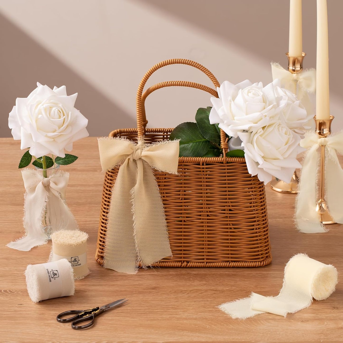 DORIS HOME Nude Chiffon Ribbon for Flower Bouquet, 2" x21Yd Fabric Ribbon for Gift Wrapping, Handmade Frayed Ribbon for Wedding/Christmas Decorations