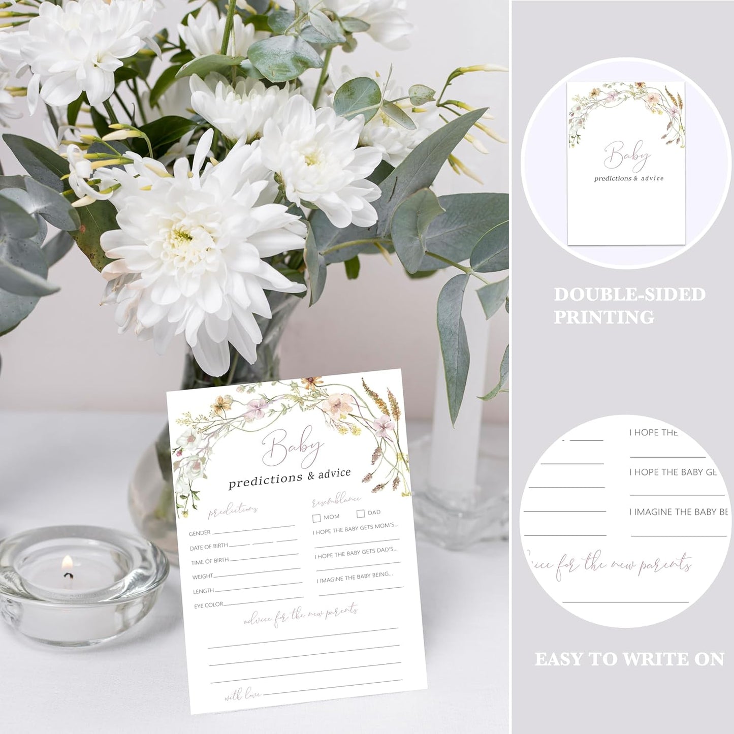 Advice For New Parents Baby Shower, Baby Predictions & Advice Cards For Baby Shower Games Activities, Wishes for Baby, 25 Double-Sided Thick Cards – Flower A04