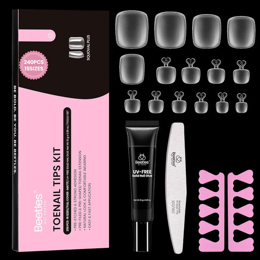 Beetles Toe Nail Tips Kit Square Plus with Nail Glue - 15 Size 240 Pcs Long Wider Nail Tips for Big Toes Pre-etched Double Matte Full Cover Press on Toenail Extensions Set for Women Home DIY