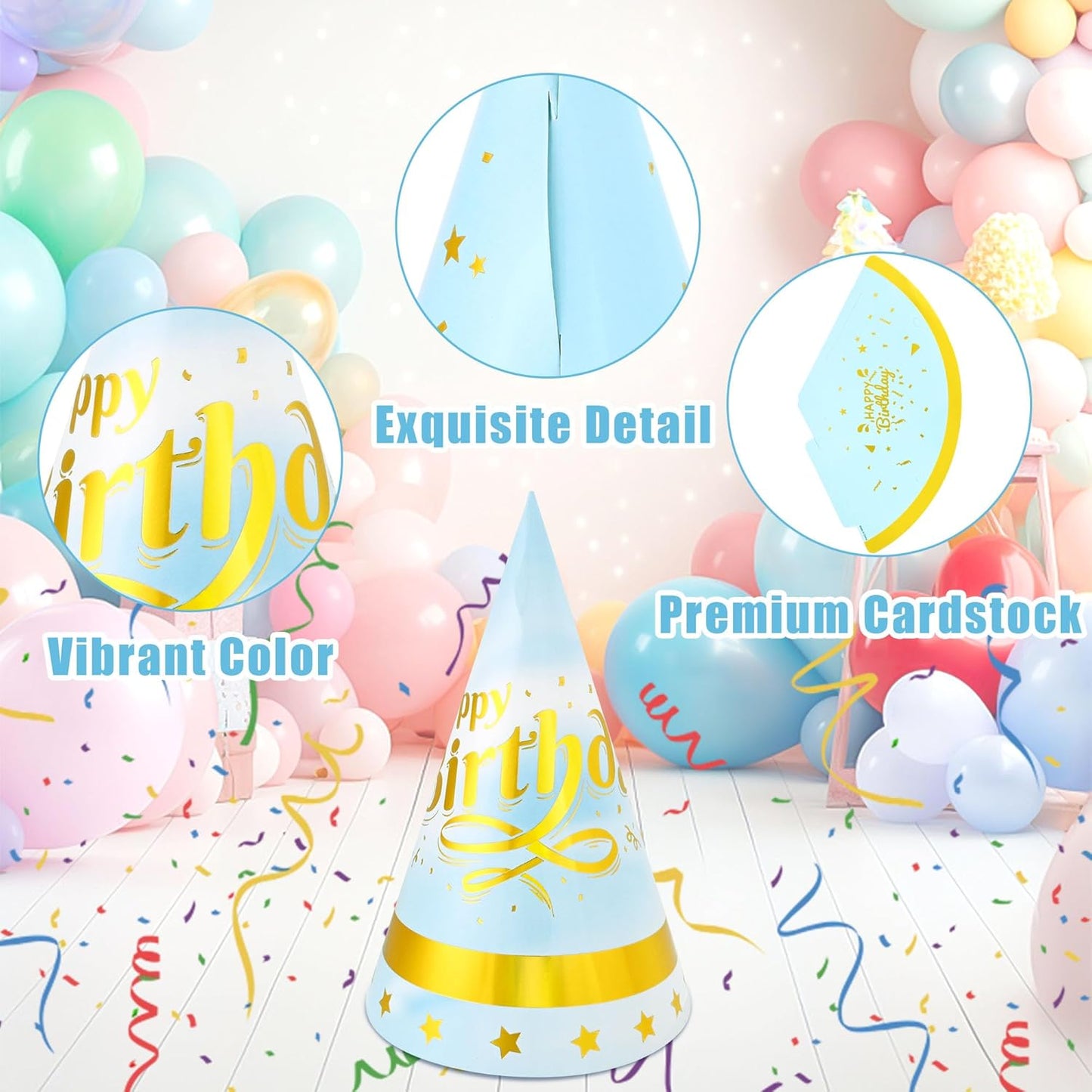 CANREVEL Party Hats for Kids and Adults, Birthday Party Headwear Supplies, Cone Hats Bulk for Girls Boy Women Men