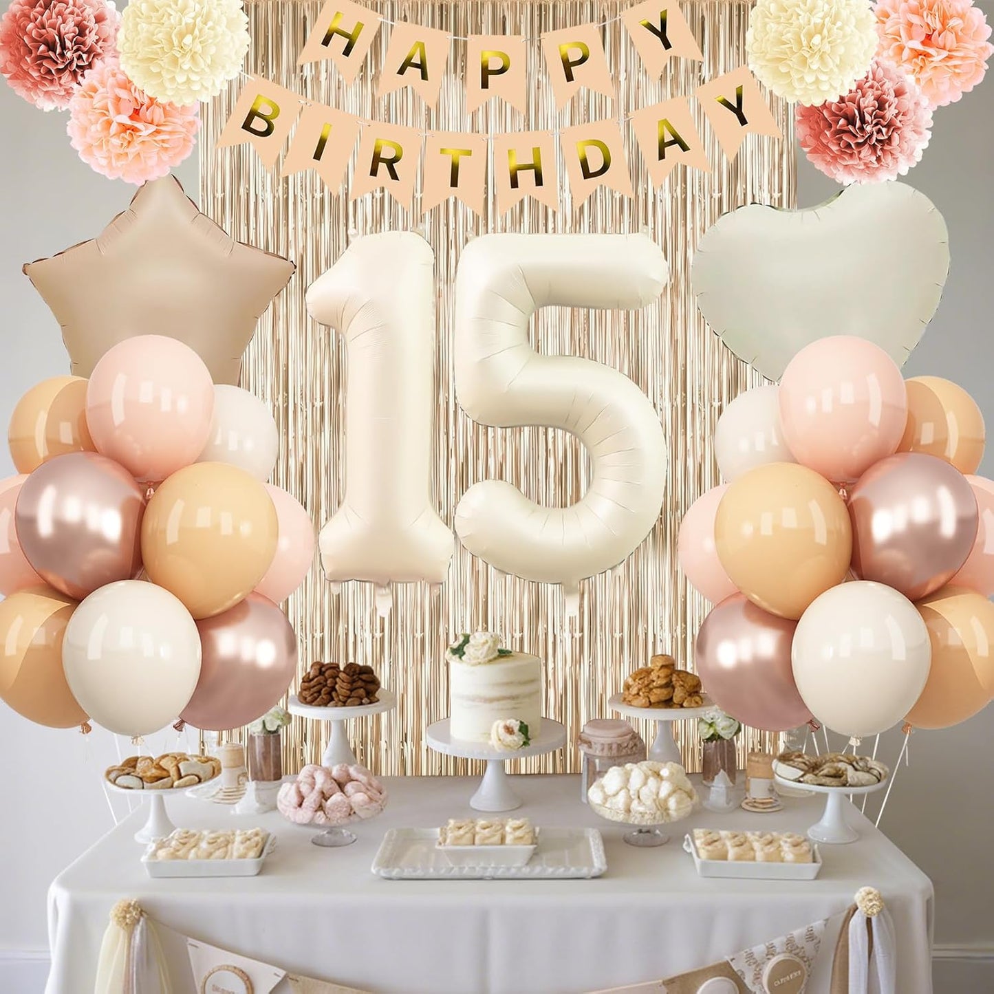 Beige 15th Birthday Decorations Girls Boys Cream Number 15 Balloon Nude Gold Happy Birthday Banner Fringe Curtain Paper Pom Poms Blush White Sand Champagne Star Foil Balloons Neutral Boho Party Decor