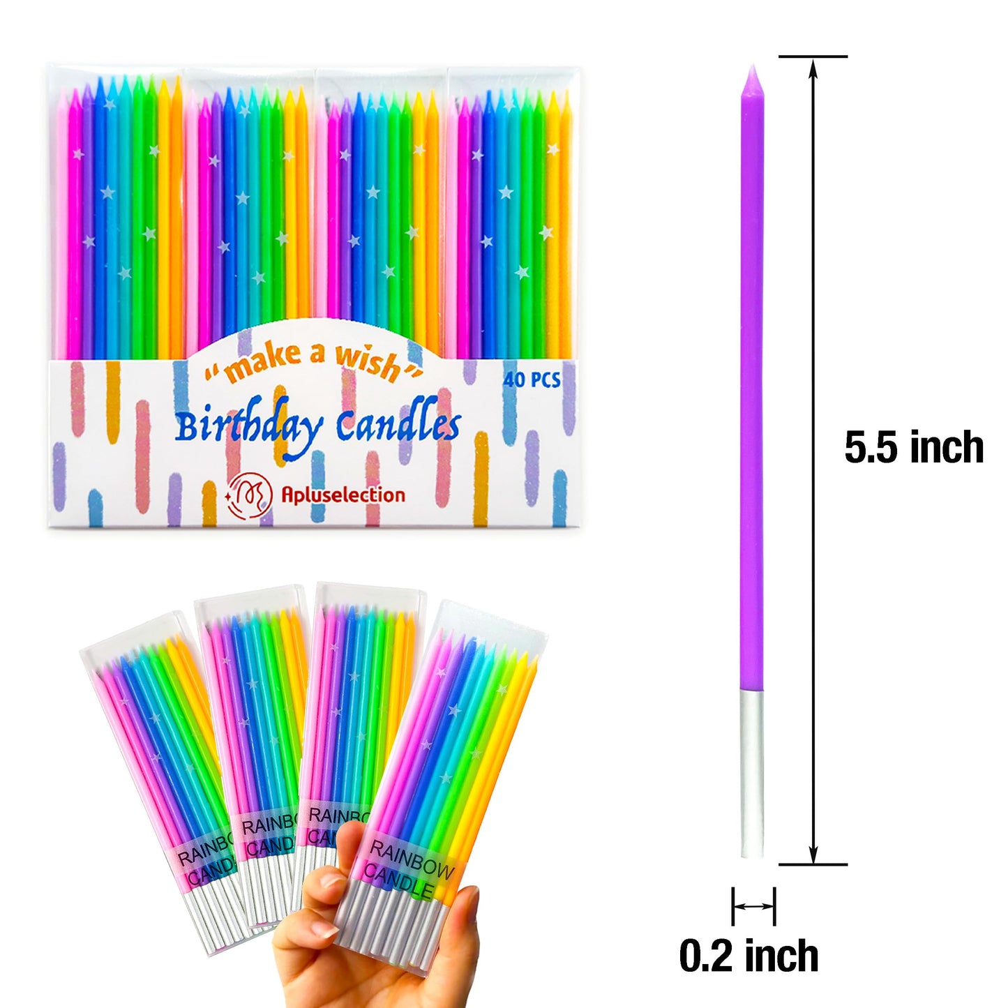 Apluselection 40-Count Rainbow Birthday Candles, Tall Thin Birthday Cake Candles Set, Rainbow