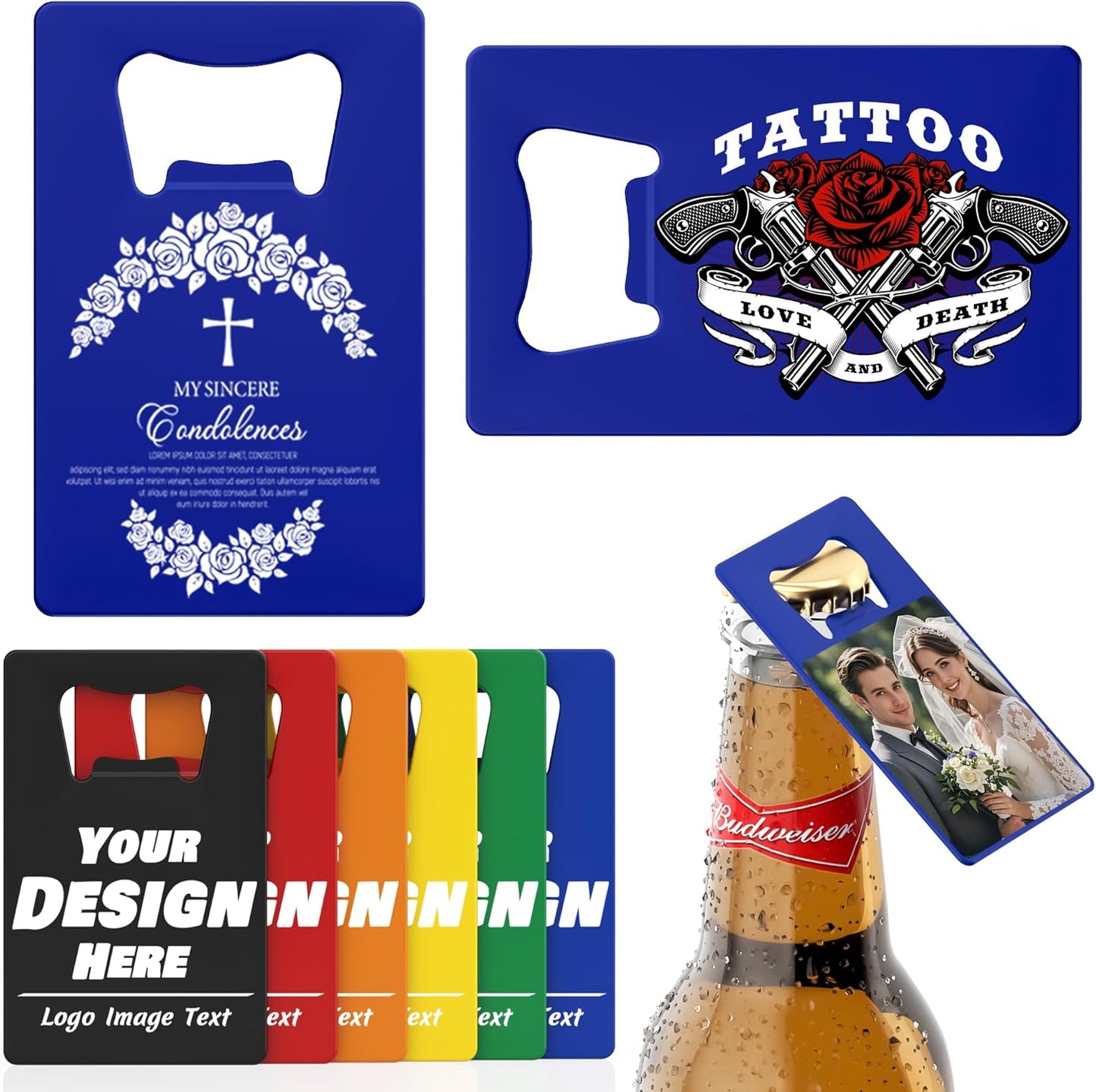 4-100 Pcs Custom Bottle Opener, Personalized Stainless Steel Credit Card Bottle Opener, Full Color Print Custom Beer Can Opener Bulk for Bar, Wedding Favors, Party, Promotion, Groomsmen Gift (Blue)