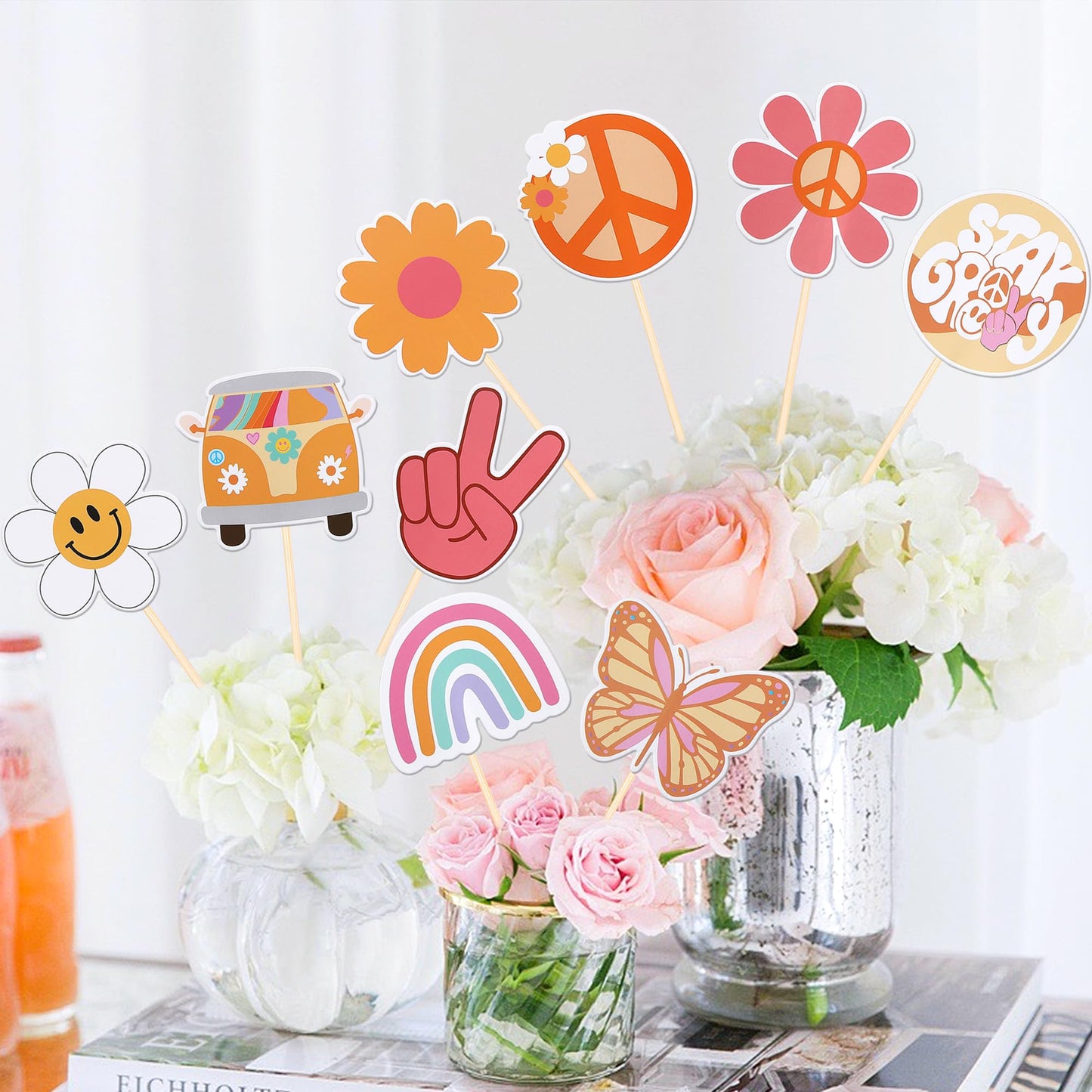 18 PCS Hippie Party Centerpiece Sticks Dasiy 60s Retro Boho Peace Sign Hand Butterfly Two Groovy