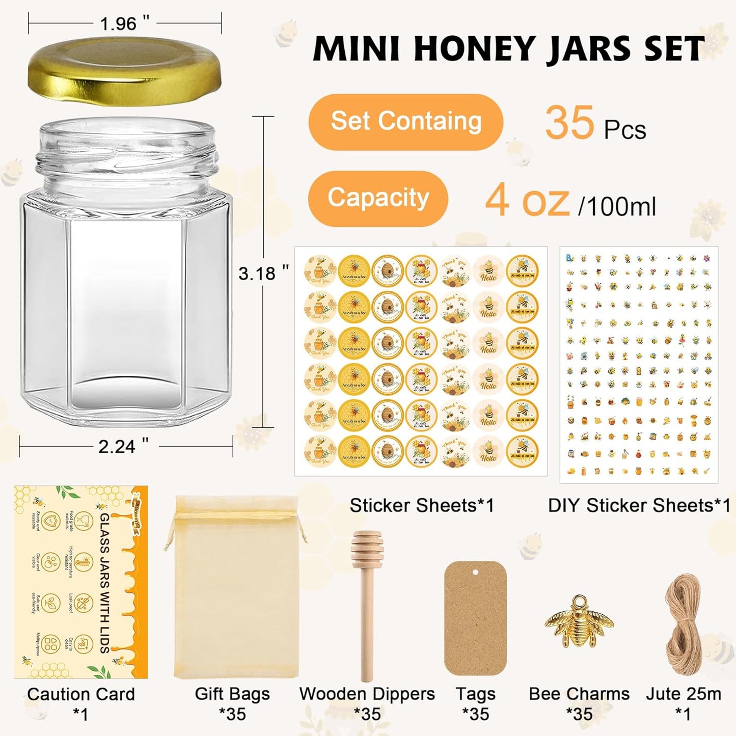 35 Pack 4 oz Mini Hexagon Glass Honey Jars with Dippers, Gold Lids, Bee Stickers, Bee Charms, Gift Bags & Jute– Empty Small Honey Jars for Party Favors Bulk, Ideal for Baby Showers ＆ Weddings