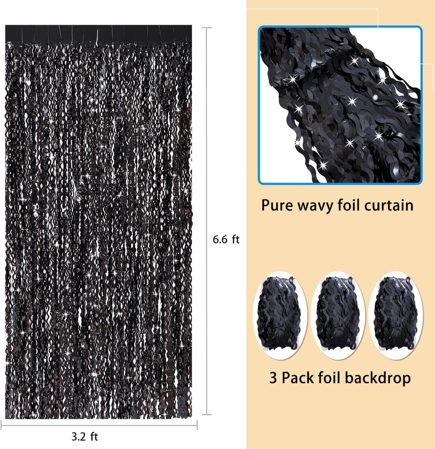 3 Pack New Years Decorations Wavy Black Tinsel Foil Fringe Curtains Party Backdrop 3.3 x 6.6 ft Streamer Backdrop Tinsel Curtains for Birthday, Graduation, Fiesta, Halloween Party Decor