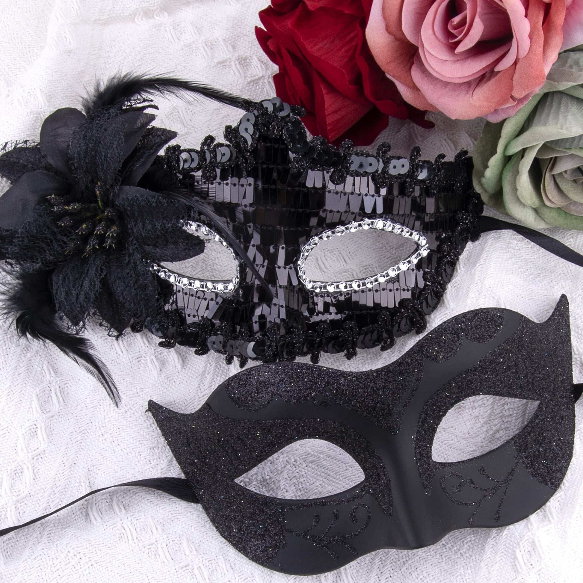 SIQUK Couple Masquerade Masks Sequins Venetian Party Plastic Halloween Costume Rhinestone Mardi