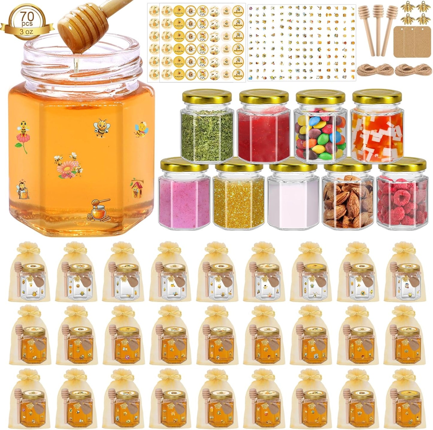 70 Pack 3 oz Mini Hexagon Glass Honey Jars with Dippers, Gold Lids, Bee Stickers, Bee Charms, Gift Bags & Jute– Empty Small Honey Jars for Party Favors Bulk, Ideal for Baby Showers ＆ Weddings