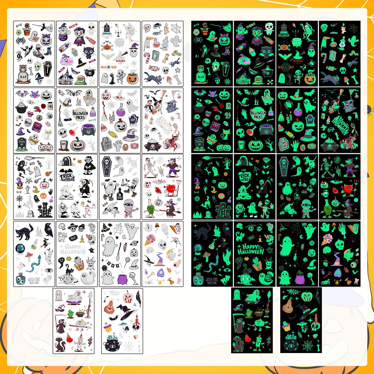 LOMIMOS 320PCS Glow in The Dark Halloween Temporary Tattoos for Kids, Waterproof Scary Removable Face & Body Stickers for Treat or Trick Bag Stuffers Party Favors Carnival Prizes Bulk (16 Sheets)