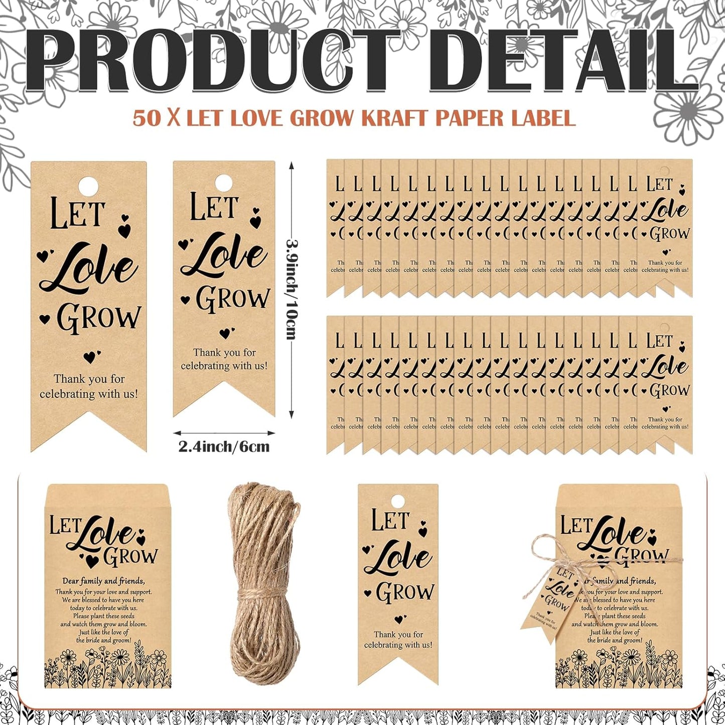 50 Sets Let Love Grow Wedding Favors for Guests Wedding Thank You Gifts Bulk Include Flower Seed Packets Tags and Hemp Ropes Craft Envelops for Bridal Shower Engagement Party Favors