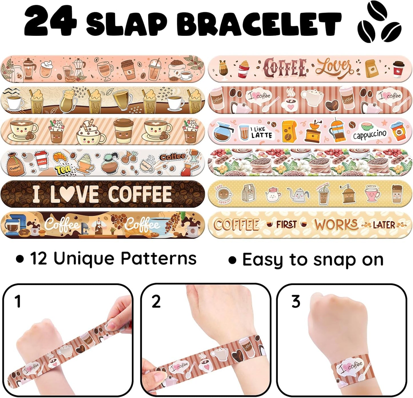 96 PCS Coffee Party Favors Set – 72 Pre-Cut Temporary Tattoos & 24 Slap Bracelets for Kids & Adults, Perfect for Coffee Lovers, Cafés, Birthday Parties & Classroom Rewards