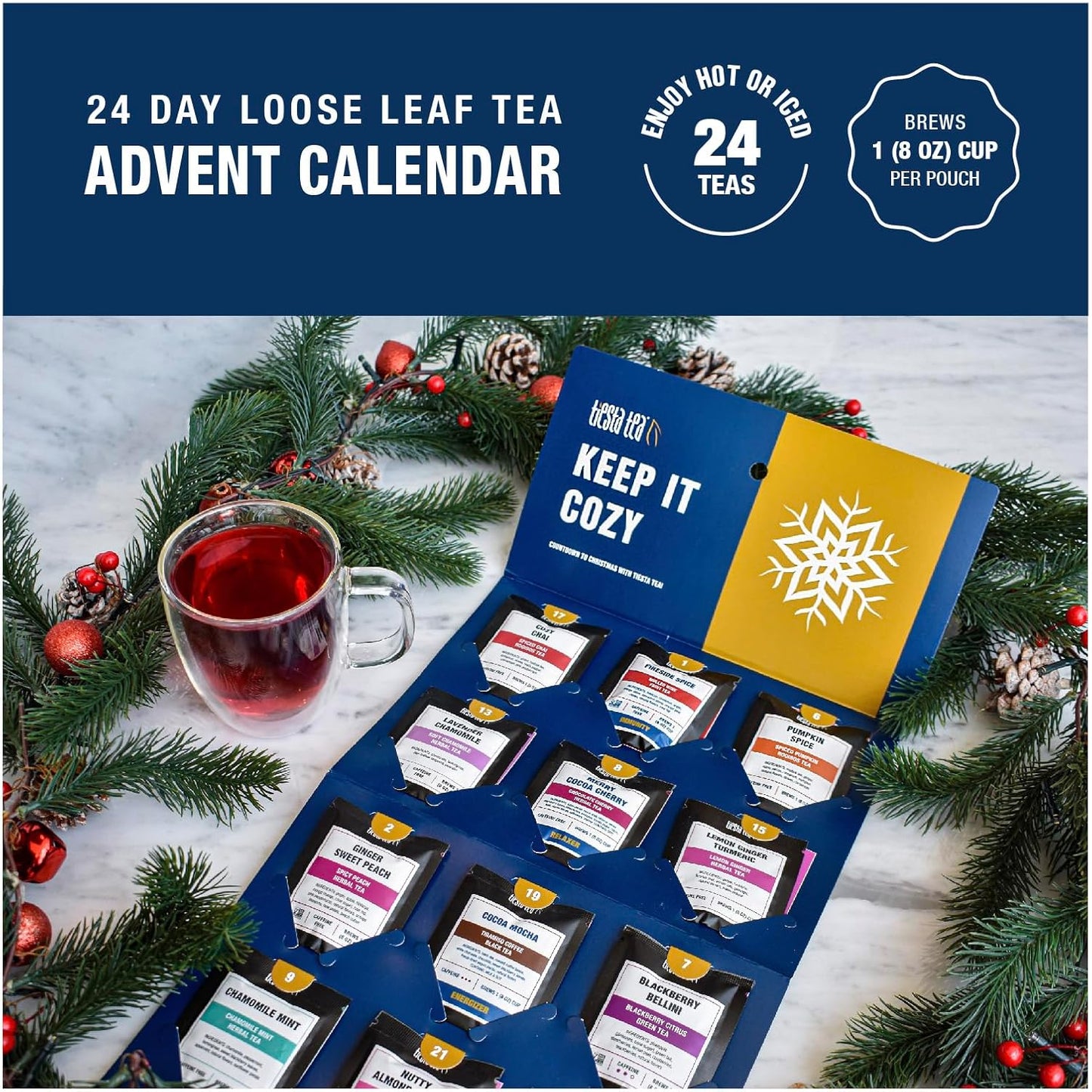 Tiesta Tea Advent Calendar 2025, Loose Leaf Herbal Tea Variety Pack, 24 Exquisite Loose Leaf Blends for Brew Lovers, Box of Herbal and Fruit Infusions, Hot or Iced, Holiday Gift Set Package