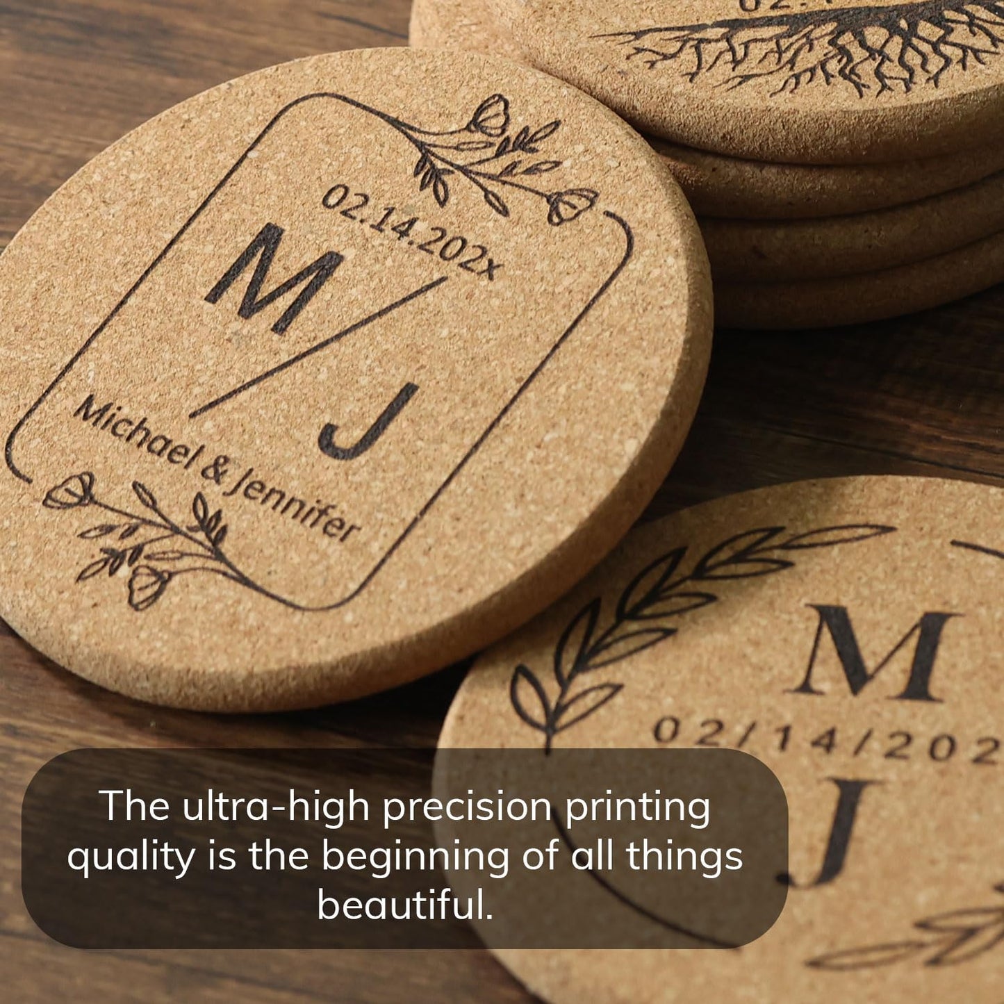 Personalized Cork Coasters - Custom Engraved Wedding Favor,Natural Round Drink Coasters, Bulk Guest Gifts, Bridal Shower,Party,Reception and Anniversary Gift Decor - Set of 25-300pcs