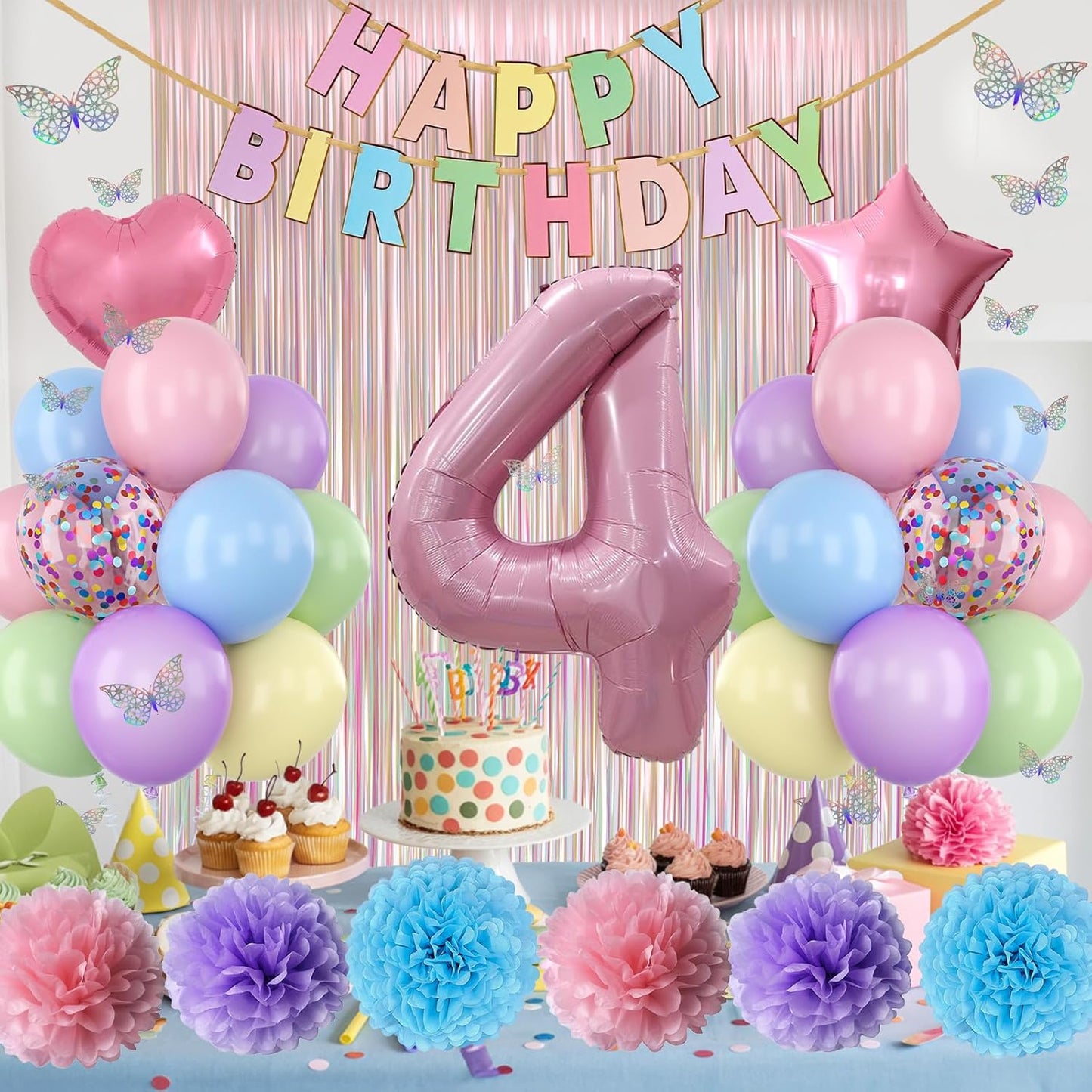 Pastel 4th Birthday Party Decorations for Girls Number 4 Balloon Happy Birthday Banner Butterfly Stickers Fringe Curtain Paper Pom Poms Macaron Pink Star Heart Foil Colorful Balloons 4 Year Old Decor