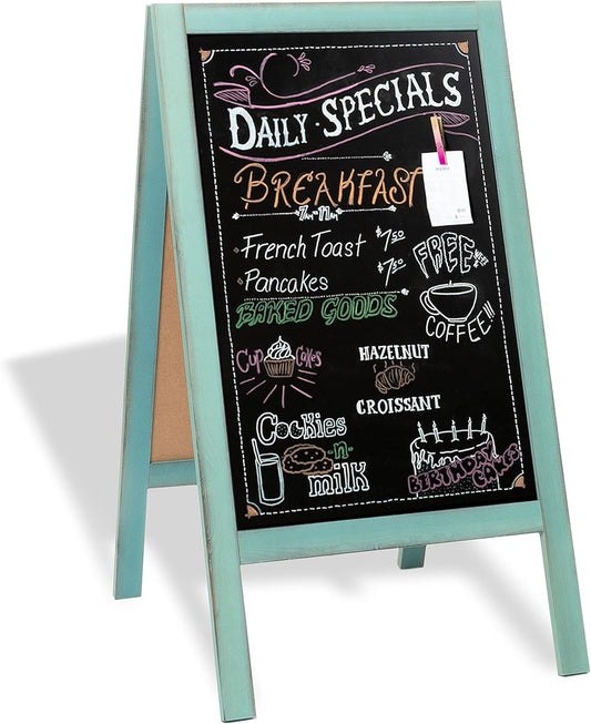 Ilyapa Wooden A-Frame Sign with Eraser & Chalk - 40 x 20 in Magnetic Sidewalk Chalkboard – Turquoise Menu Display for Restaurant, Business Or Wedding