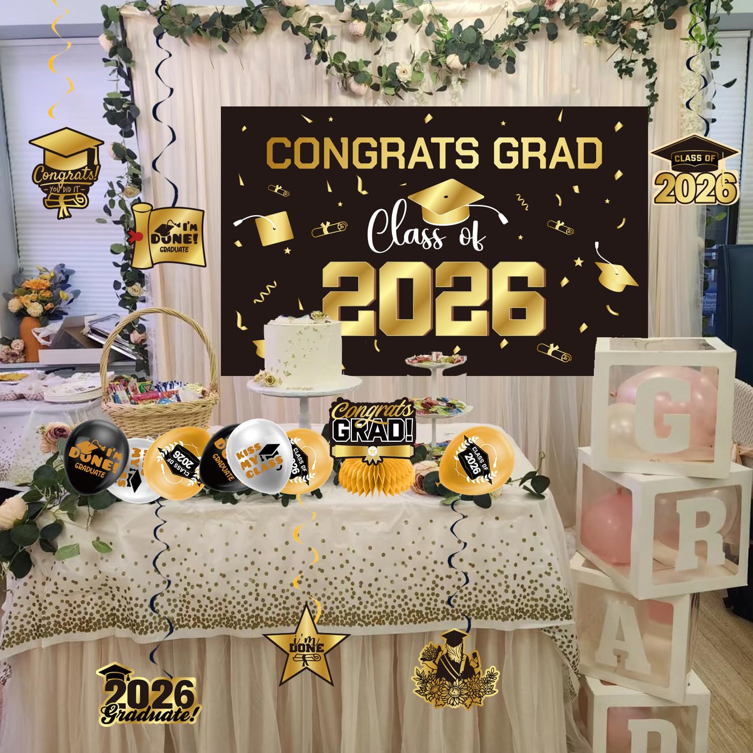 Graduation Decorations 2026 Gold Themed Set - Congrats Grad Banner, Class of 2026 Backdrop