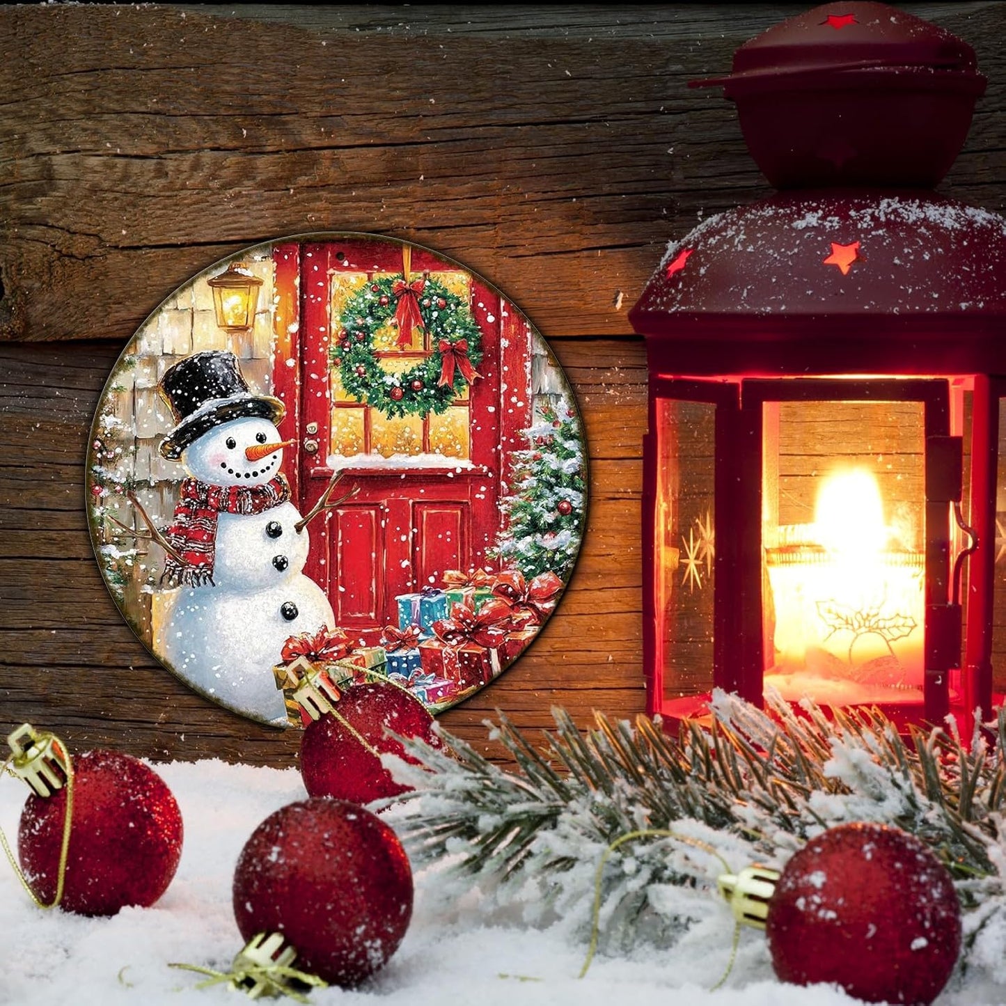 Round Wall Decor Christmas Metal Tin Sign Snowman Sign Rustic Wall Decor Wall Plaque Snowman Wreath Sign for Christmas Round Wreath Wall Decor Vintage Garage Yard Home Decor 8 * 8 in