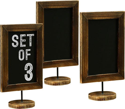 MyGift Set of 3 Tabletop Chalkboard Sign with Burnt Wood Frame and Round Base, Decorative Wedding Table Place Card Signage, Rustic Small Kitchen Countertop Memo Board