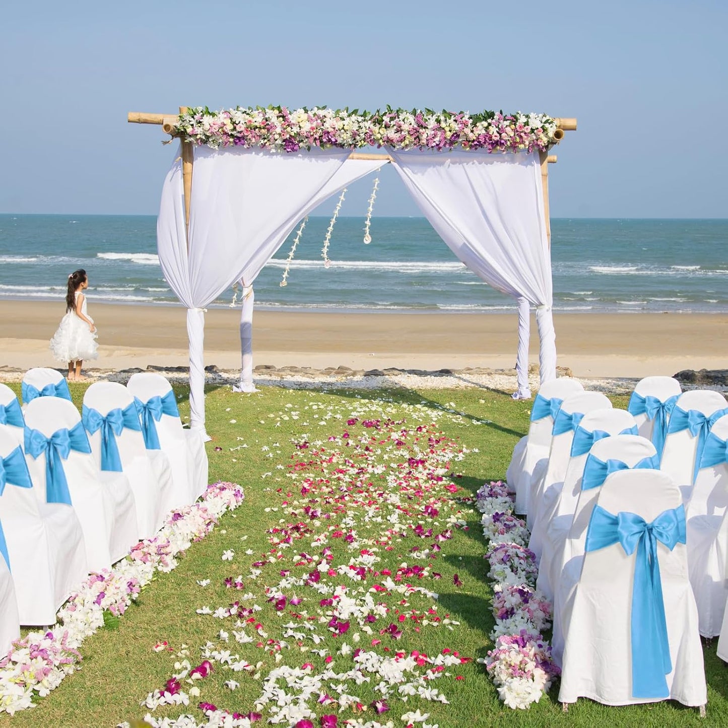 10 PCS Baby Blue Satin Chair Sashes Bows Universal Chair Ribbon Ties Back Sash for Wedding Party Reception Events Banquets Hotel Event Chair Cover Decoration (7x108 inch)