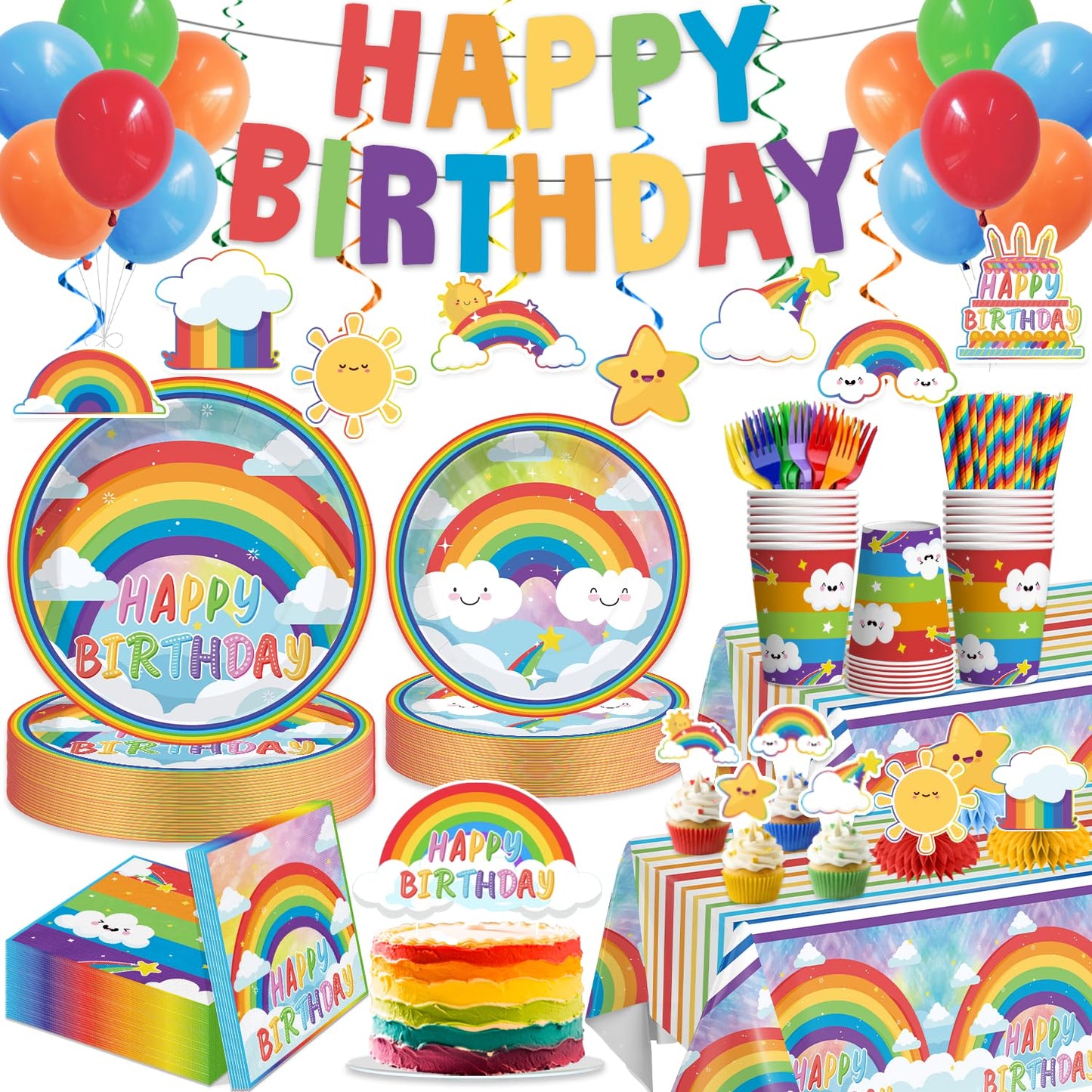 Cocomigo 213pcs Rainbow Birthday Decorations, Serves 25