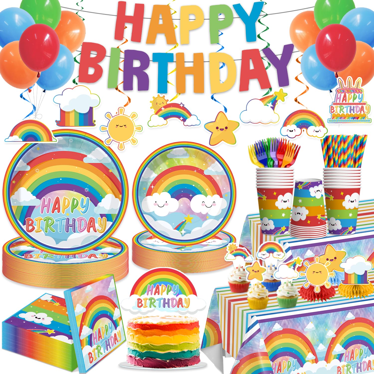 Cocomigo 213pcs Rainbow Birthday Decorations, Serves 25
