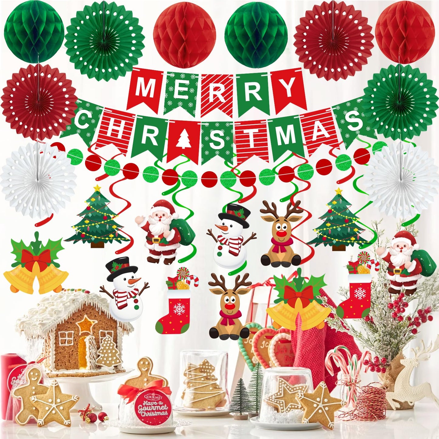 25pcs Christmas Party Decorations Merry Christmas Banner Paper Fan Garlands String Circle Dot
