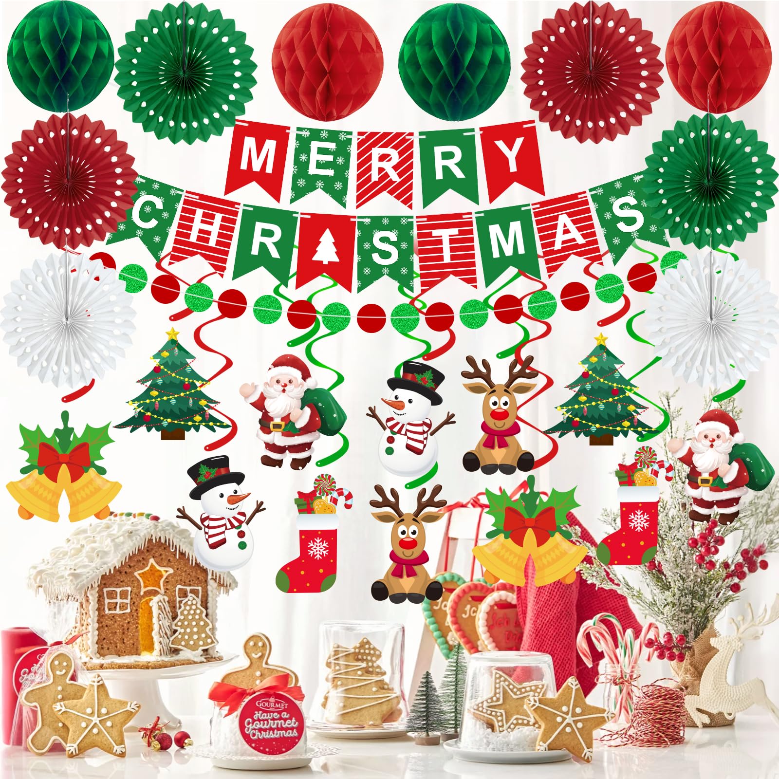 25pcs Christmas Party Decorations Merry Christmas Banner Paper Fan Garlands String Circle Dot