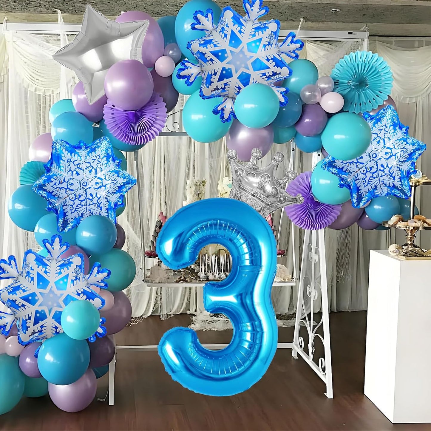 8Pcs Winter Wonderland Decorations - 40inch Blue Number 3 Balloons - Snowflake Foil Balloons for Winter Birthday Decorations - Party Supplies