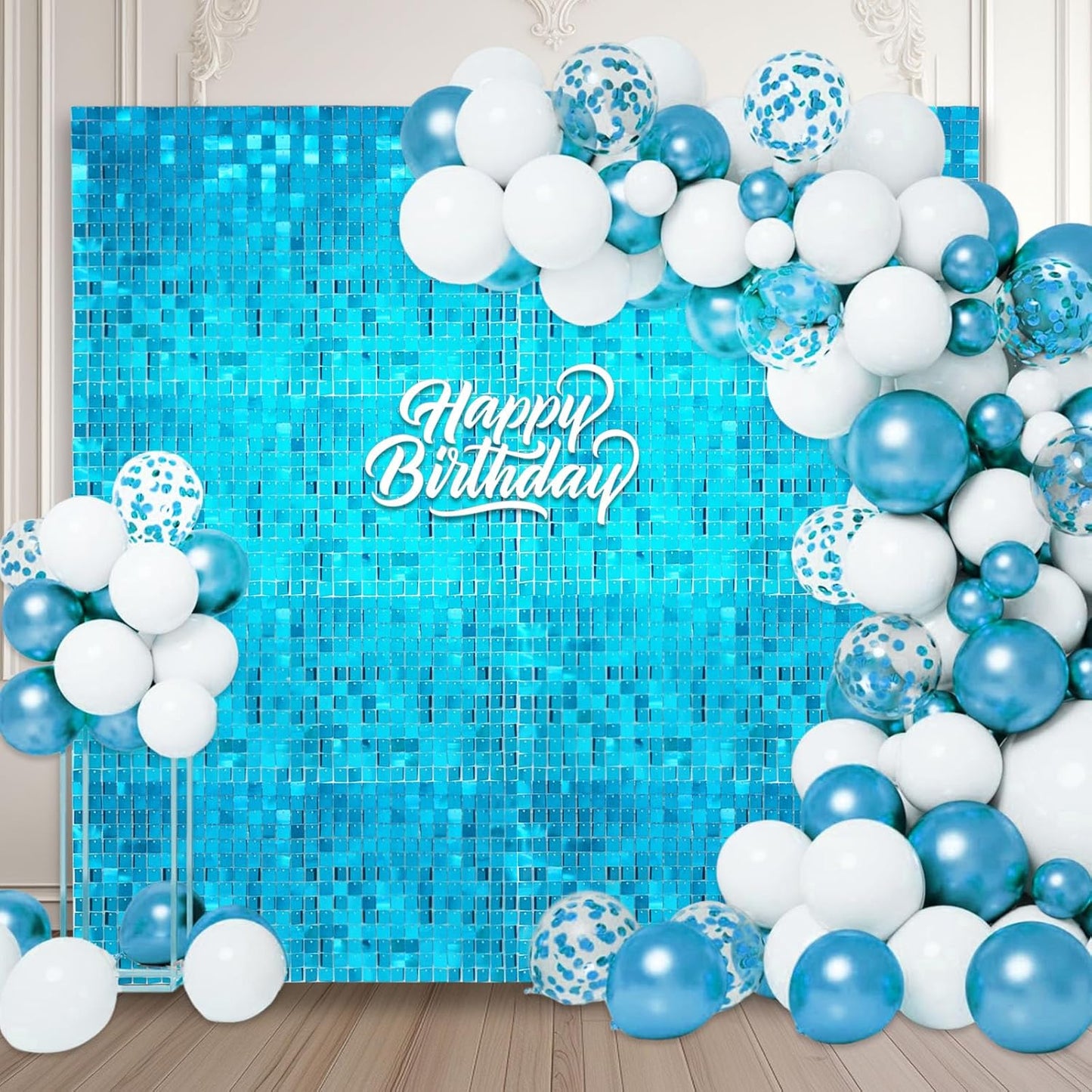 12PCS Lake Blue Shimmer Wall Backdrop, Square Sequin Photo Backdrops Panel, Glitter Wall Background for Birthdays, Weddings, Graduation, Baby Showers, Disco Bachelorette Party Decoration (3FTx4FT)