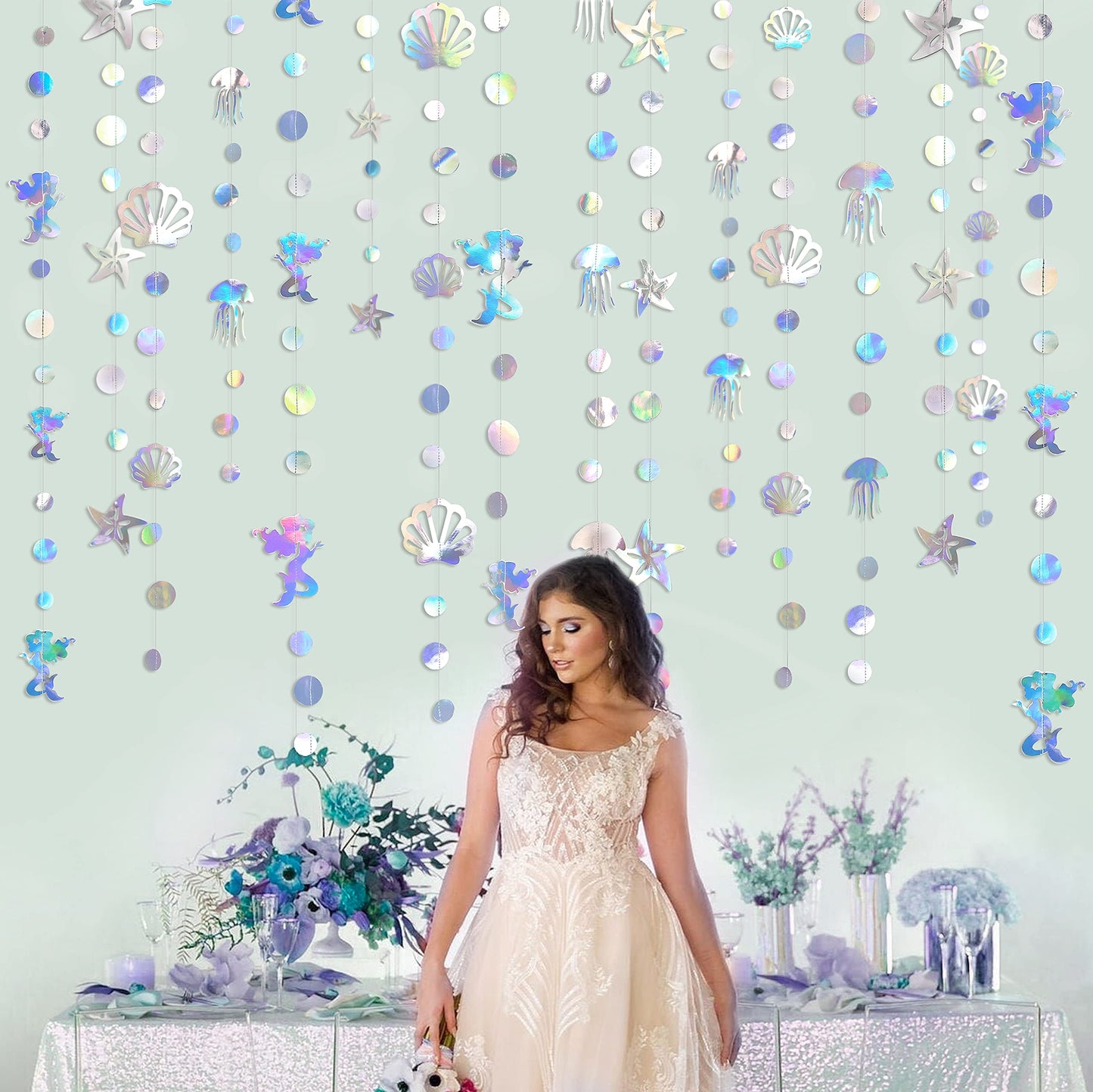 40 Ft Iridescent Mermaid Garland with Jellyfish SeaShell Starfish Pearl Holographic Paper Streamer