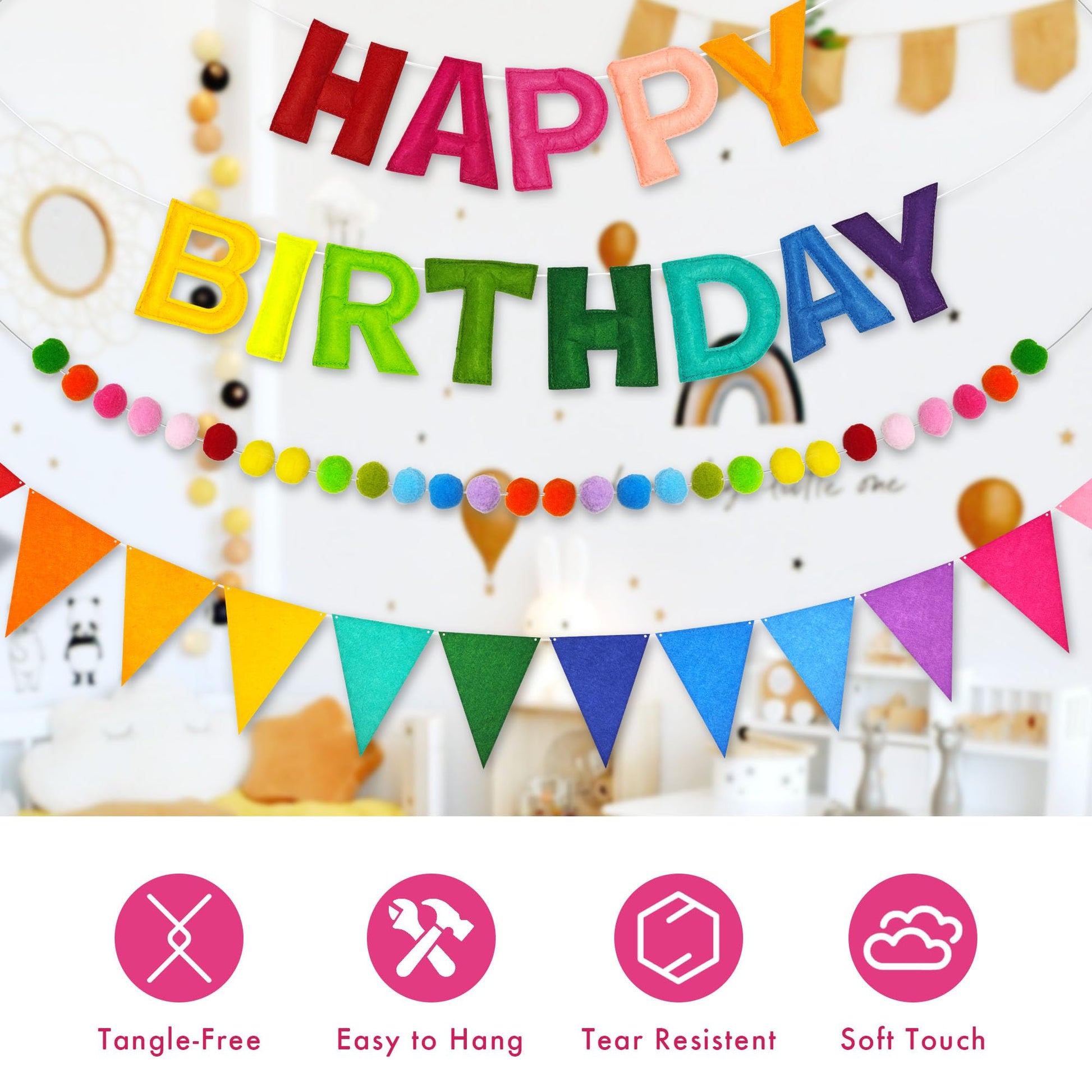 CANREVEL 3 PCS Pre-Strung 3D Happy Birthday Banner Decorations, Rainbow