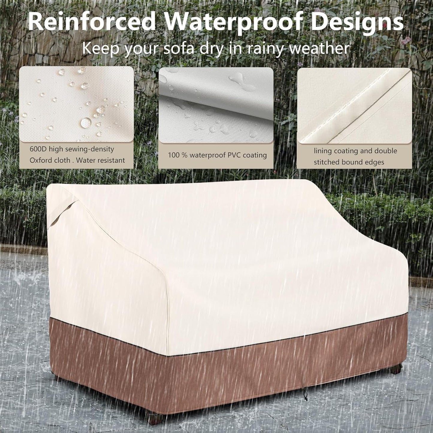 Okcool Heavy Duty Patio Sofa Cover, 100% Waterproof 3-Seater Outdoor Sofa Cover Fits up to 79W x 38D x 35H Inches, Lawn Patio Furniture Covers,Beige & Brown