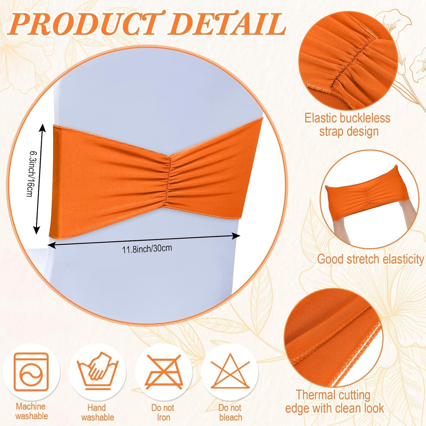 Moukeren 100 Pcs Spandex Chair Sashes Bows Bands Slider Sashes for Chair Covers Elastic Bands Ties Ribbon Decorations for Wedding Party Events Ceremony Birthday Banquet(Orange)