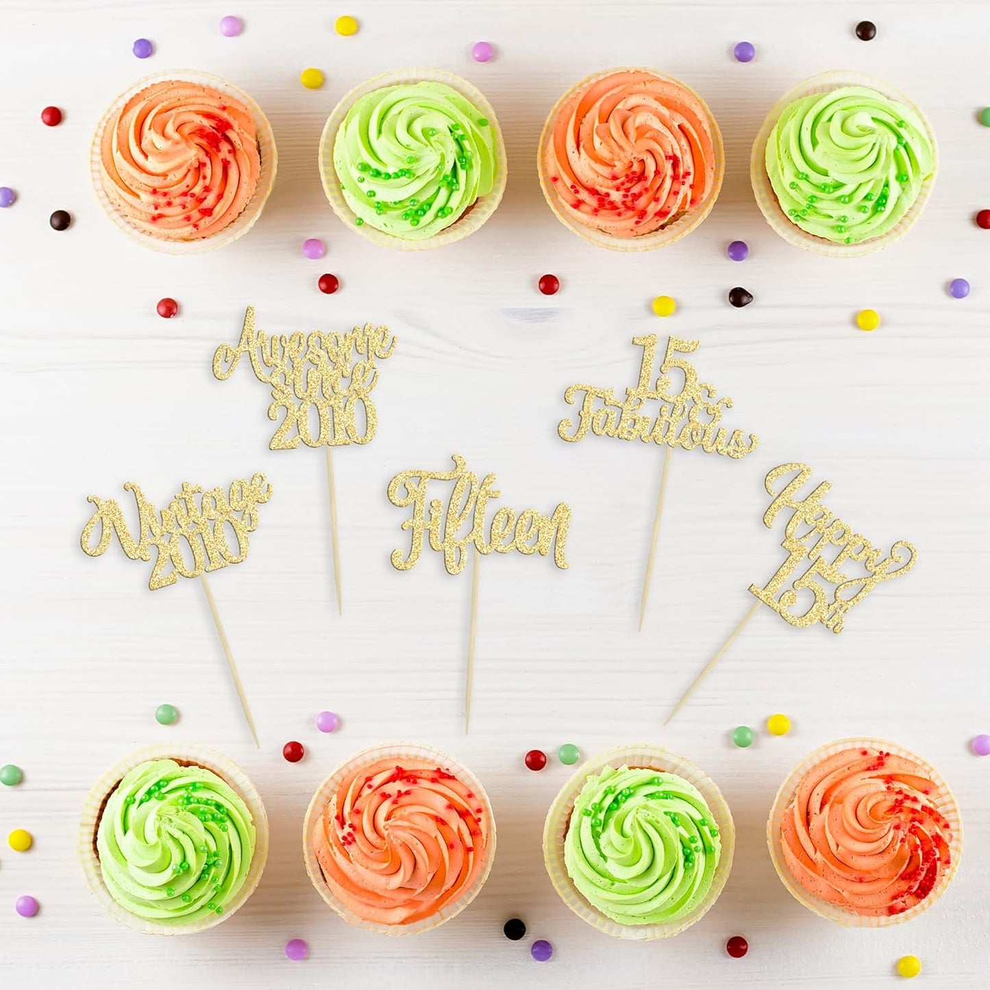 30Pcs Vintage 2010 Cupcake Toppers Glitter Fifteen Happy 15th Birthday 15 Fabulous Cupcake Picks Cheers to 15 Years for 15th Birthday Wedding Anniversary Party Cake Decorations Supplies Gold