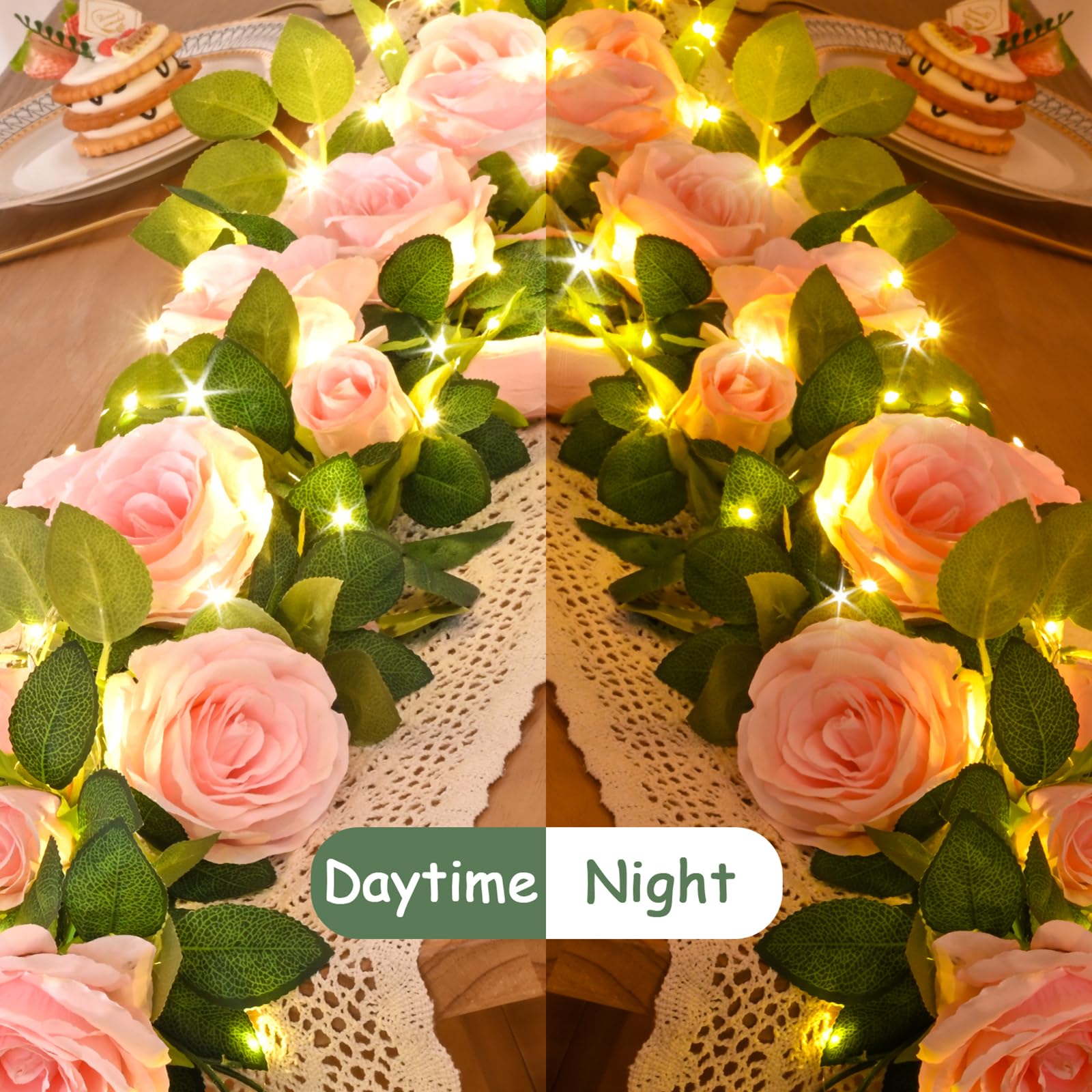 Flower Garland Fake Flowers, Rose Floral Garland, Pink with Lights, 2 Pcs