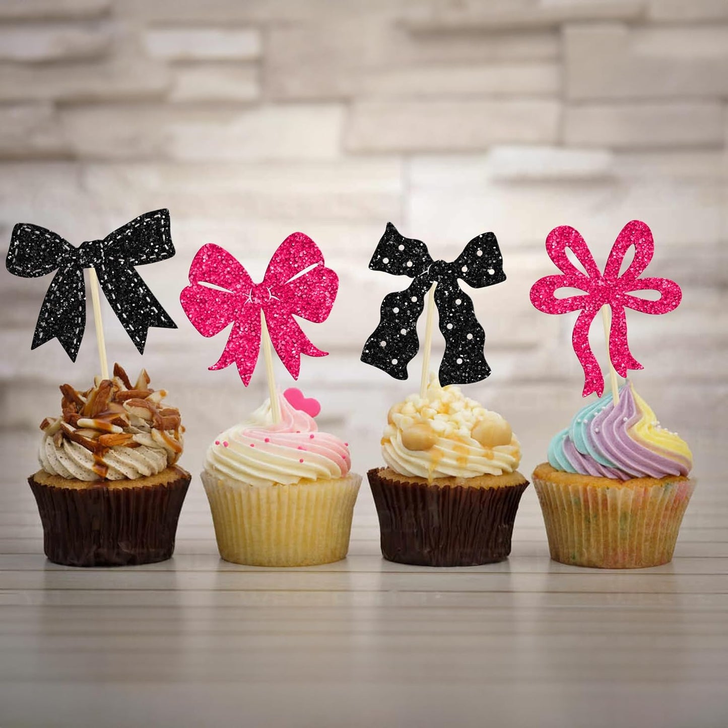 Ephlyn 24Pcs Pink Bow Cupcake Toppers Bow Birthday Cake Topper Girls Birthday Party Decorations Bowknot Cupcake Decorations for Bridal Baby Shower Birthday Wedding Themed Party Black Rose Red
