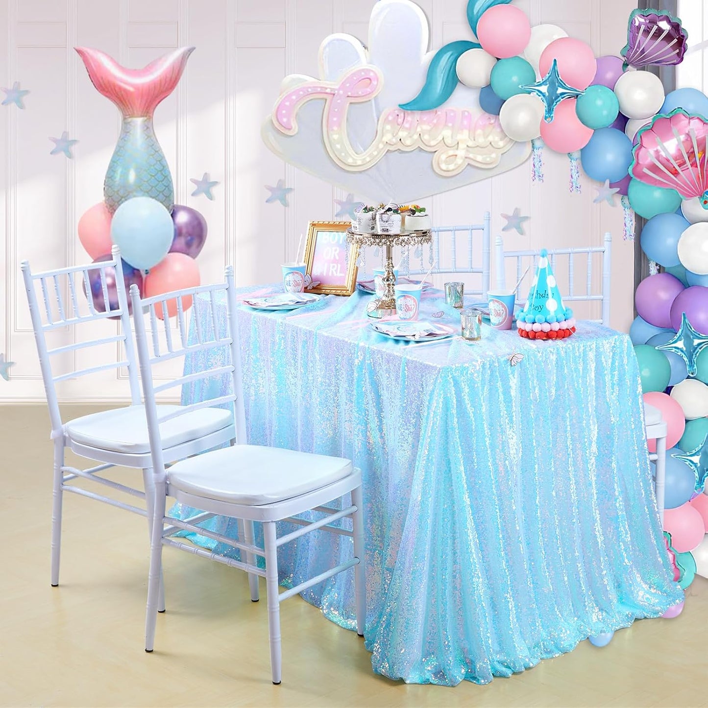 Glitter Blue Tablecloth 50x80 Inch Iridescent for Anniversary Birthday Baptism Mermaid Ocean Theme