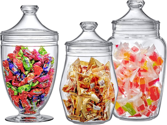 Amazing Abby - Enchant - Plastic Apothecary Jars (3-Piece Set, 46/45/59 oz), Acrylic Jars with Lids, Bathroom Canisters, Candy Buffet, Wedding Display, BPA-Free and Shatter-Proof (NOT Glass)