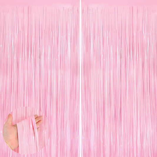 2Pack Pastel Pink Metallic Tinsel Foil Fringe Curtains, 3.3 X 8.3ft Pink Party Streamers Backdrop Curtains for Birthday Party Decorations, Halloween Decor, Foil Curtain Backdrop for Bachelorette Party