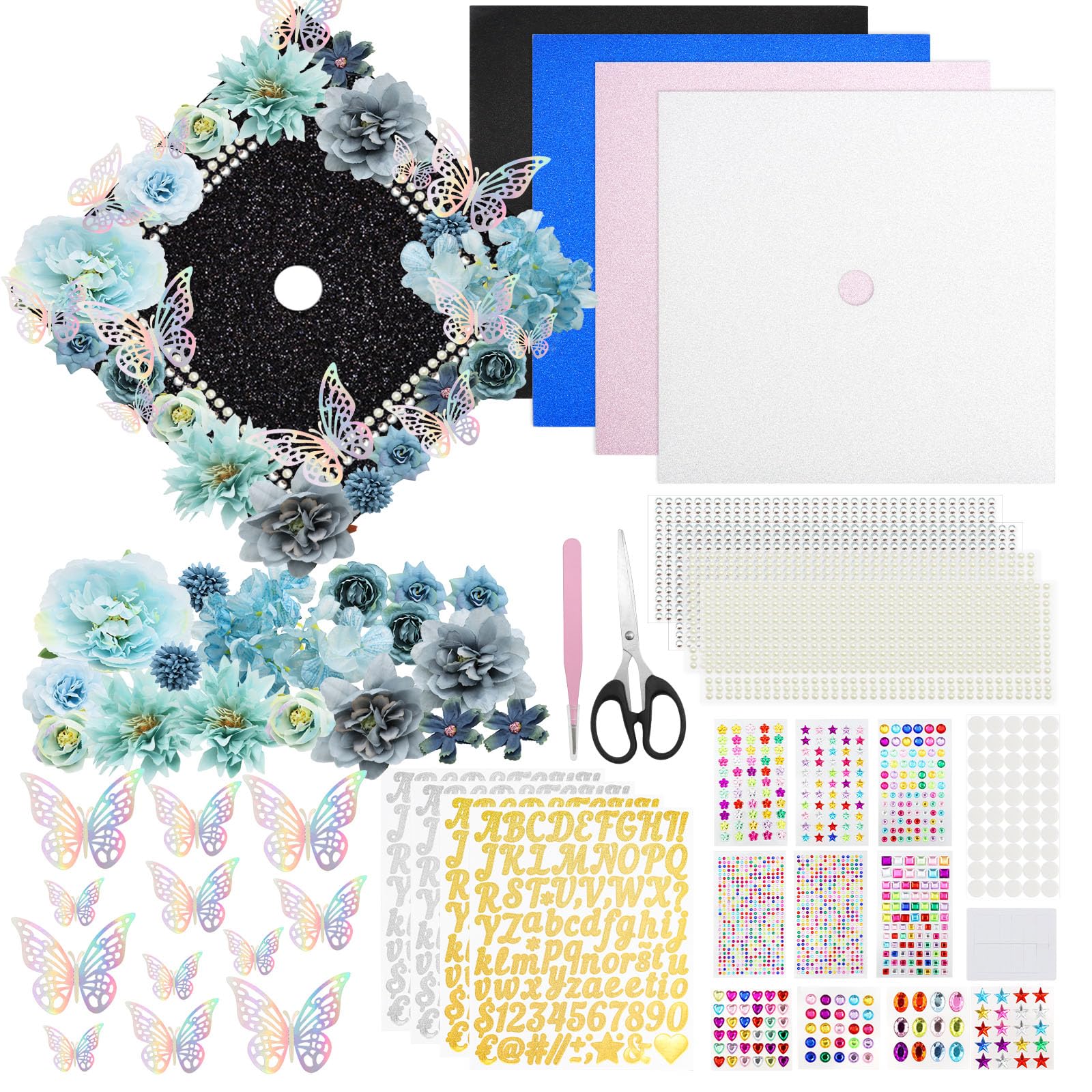 ZYNERY Graduation Cap Decorations Kit Grad Cap Topper Decor Includes Glitter Paper 3D Butterfly