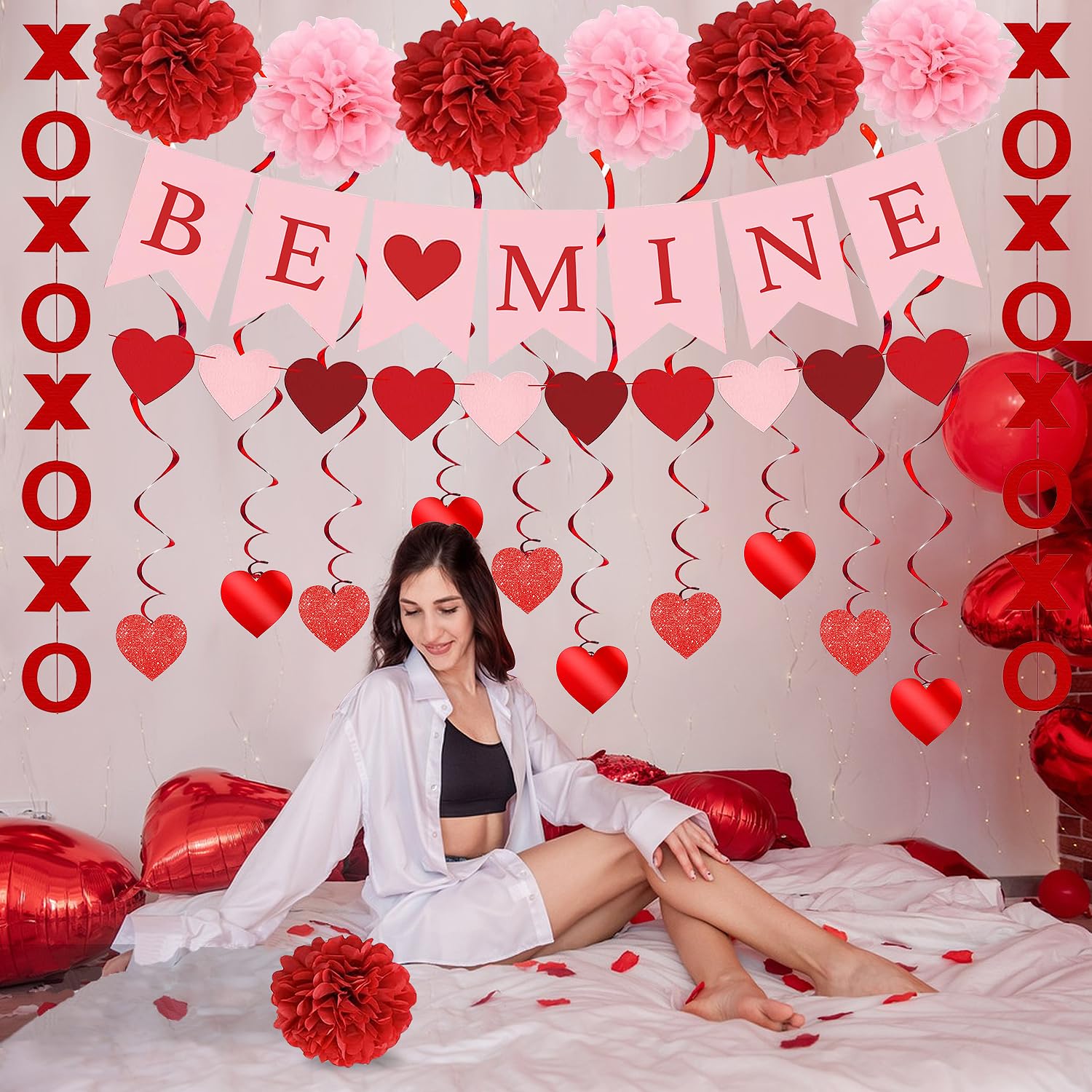 Upgraded Valentines Day Decorations Set Pre-Assembled Hanging Heart Swirls,BE Mine Banner,Heart XO