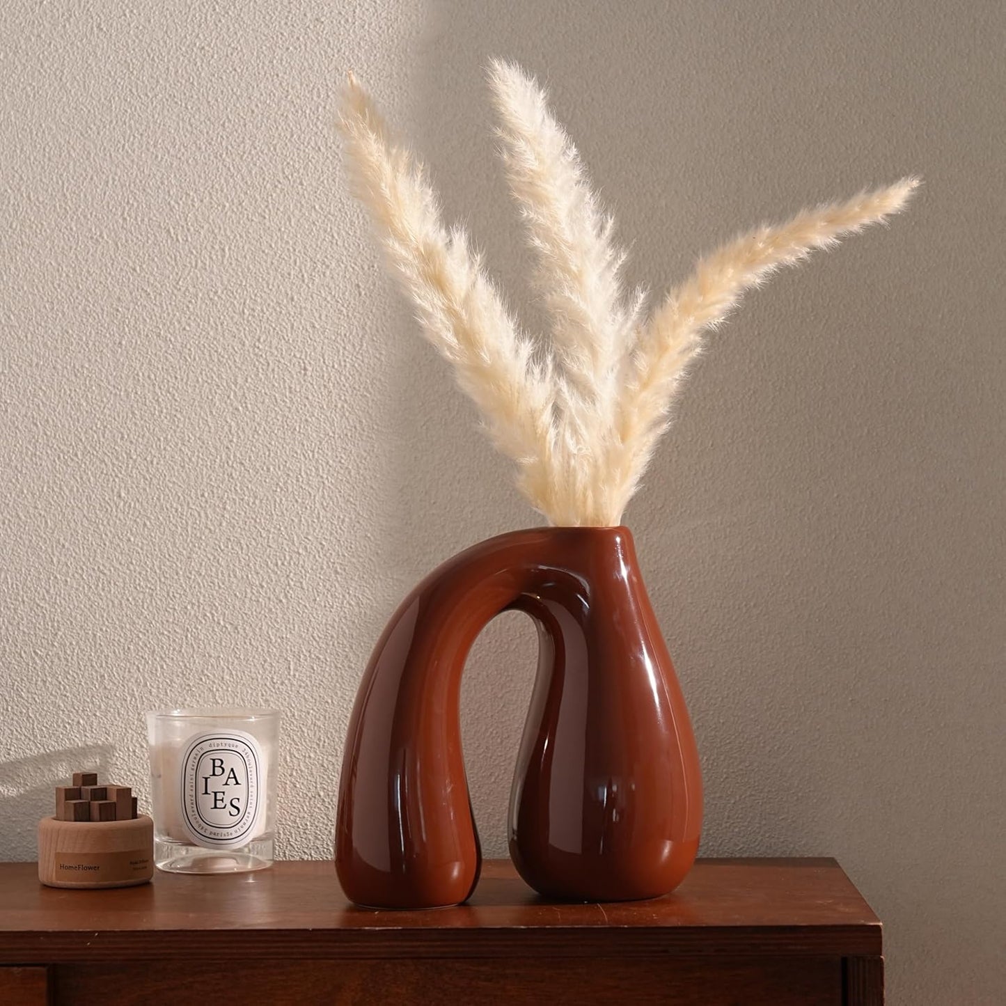 Brown Ceramic Vase – Glossy Modern Sculptural Décor, Arch Handle Artistic Design, Warm Earth-Tone Accent for Table, Shelf, or Entryway (7.5 in, Holds Water)