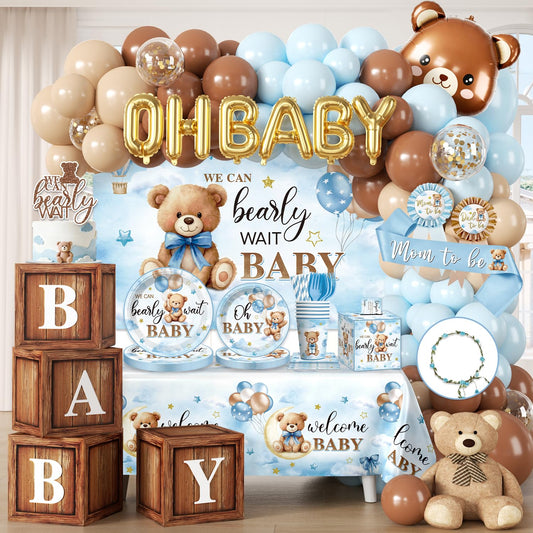 213Pcs cocomigo Blue Baby Boy Shower Decorations Tableware Set, 25 Serves