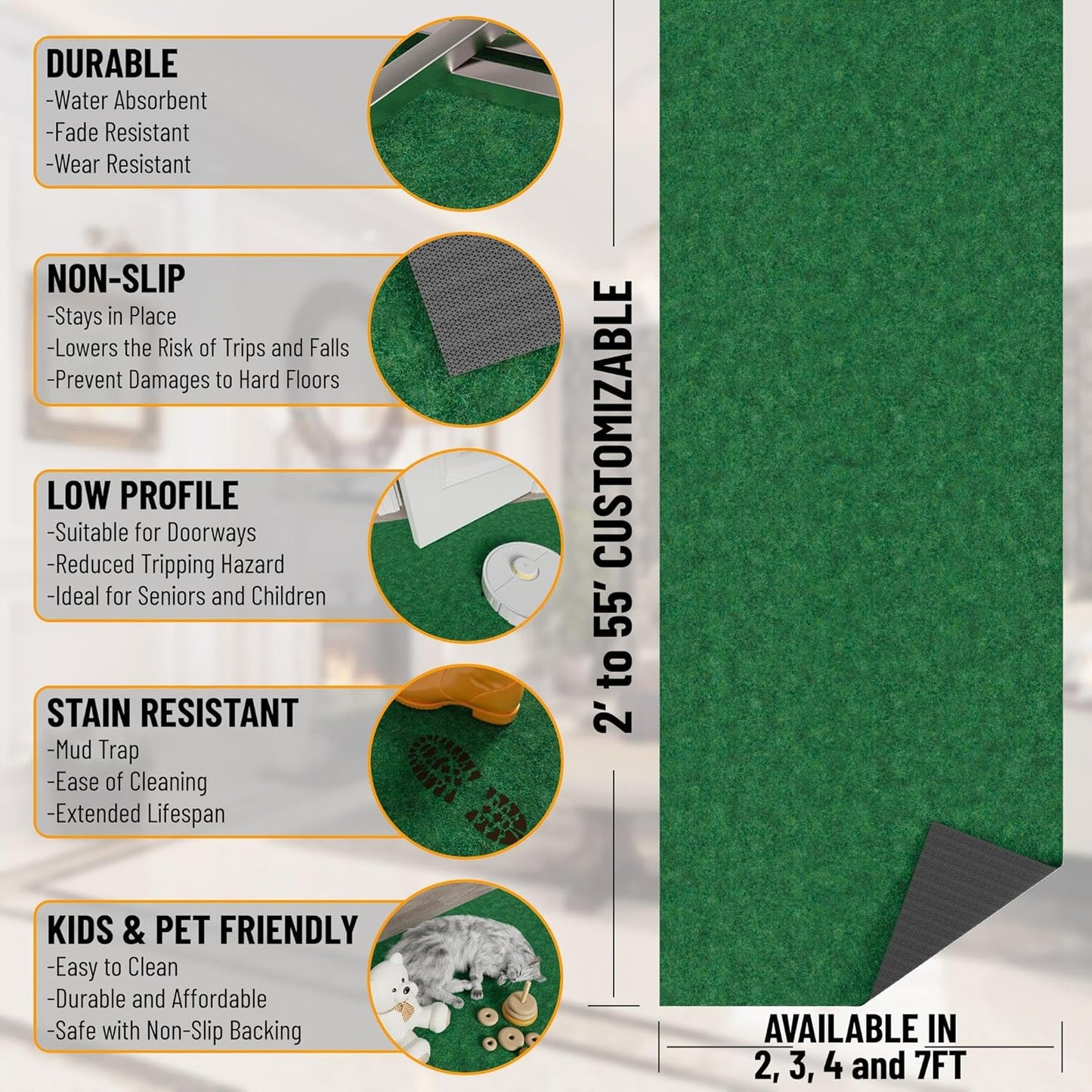 Ottomanson 2' x 7' Hallway Runner with Scraper Pile Extra Durable Non-Slip Rug Mat for Indoor & Outdoor Use - Ideal for Kitchen, Entryway, Patio & Garage - High-Traffic Carpet, Green