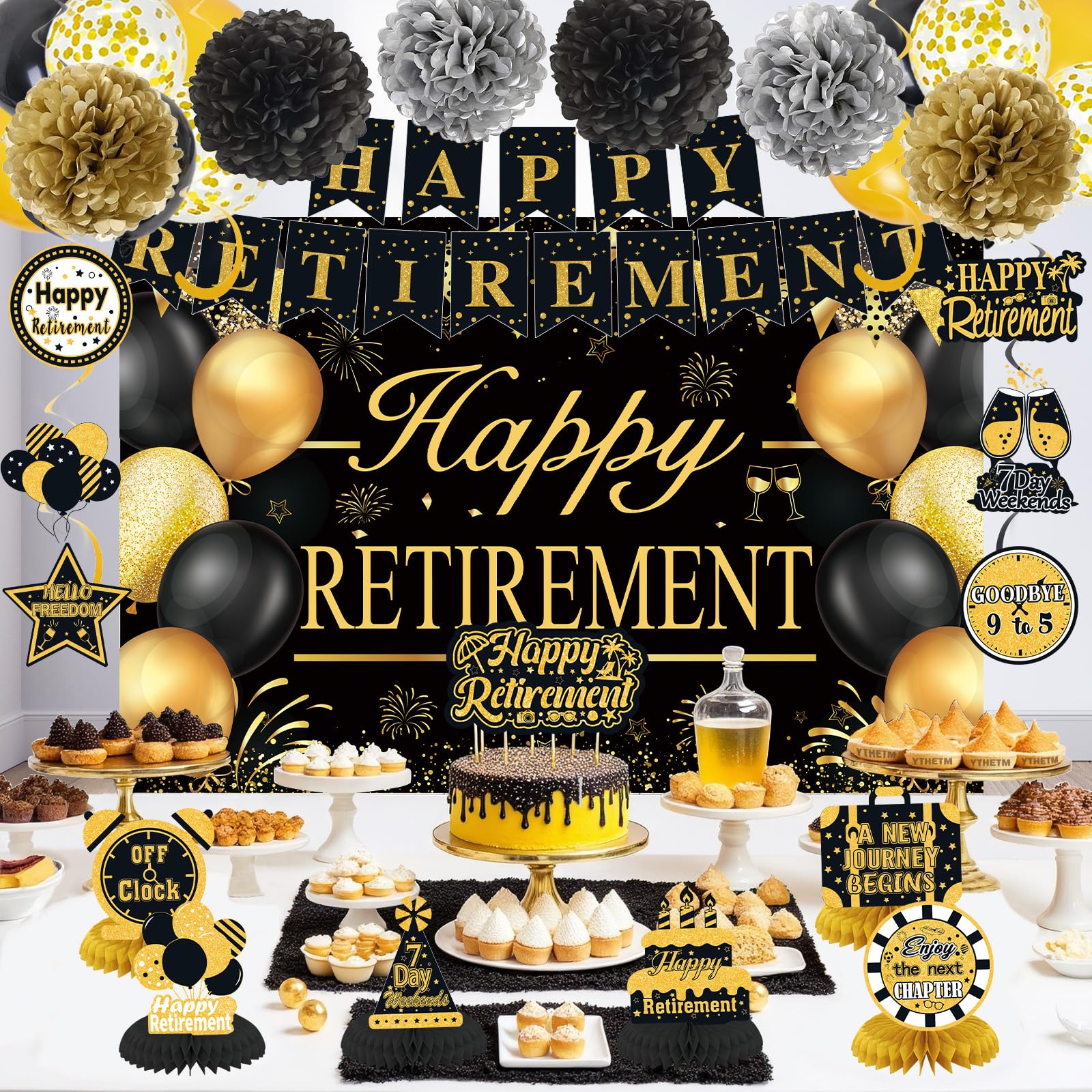 Retirement Party Decorations for Men Women Black Gold Happy Retirement Banner Backdrop Balloons