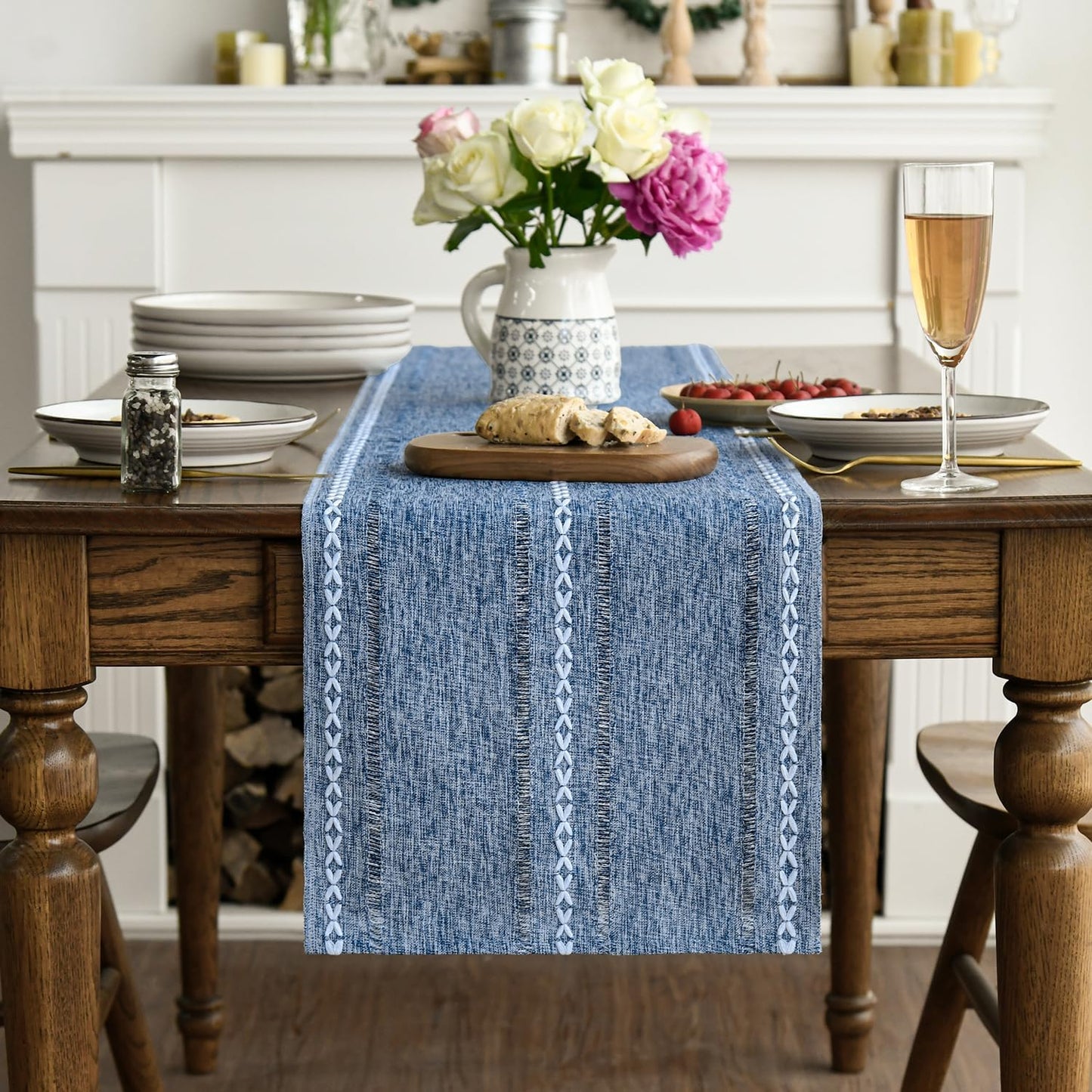 Artoid Mode Blue Rustic Cotton Linen Table Runner, Seasonal Embroidered Hollow Kitchen Dining Table Decoration for Home Party Decor 13x72 Inch