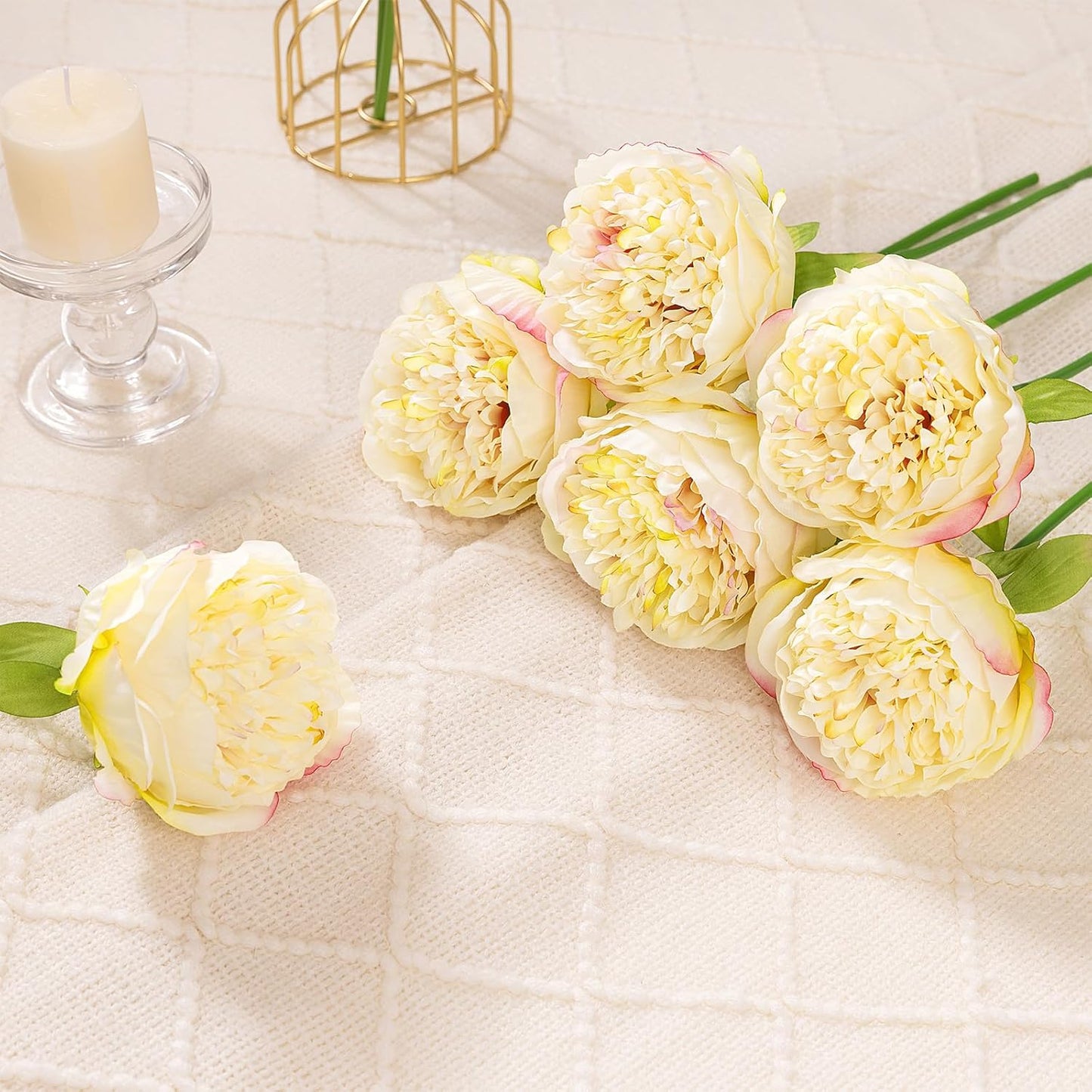 U'Artlines 20 Heads Artificial Peony Silk Flower Leaf Home Office Wedding Party Festival Bar Decor (Champagne)