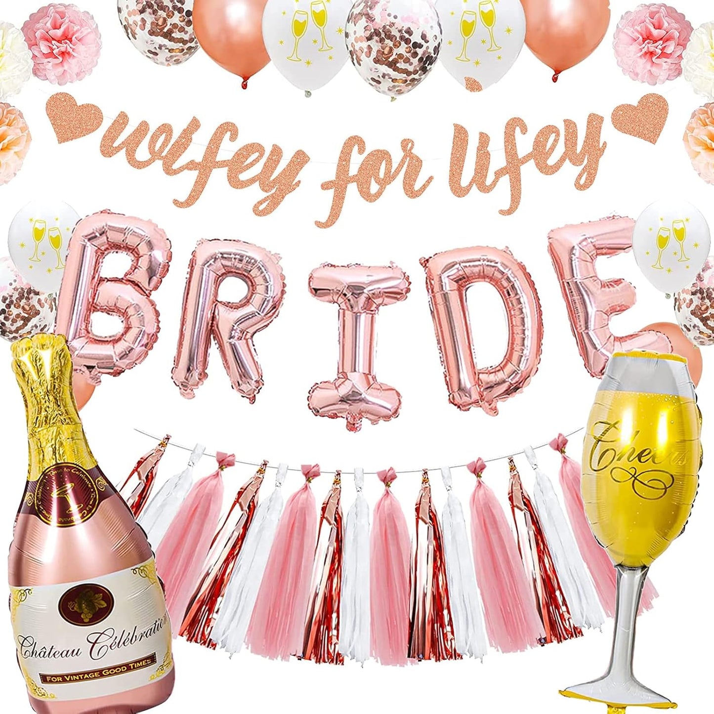 Rose Gold Bachelorette Party Decorations Bridal Shower Decoration Kit with Wifey for Lifey Banner,Champagne Glass Foil Balloons,Bride Foil Balloon,Paper Pom Poms, Tassel Party Supplies